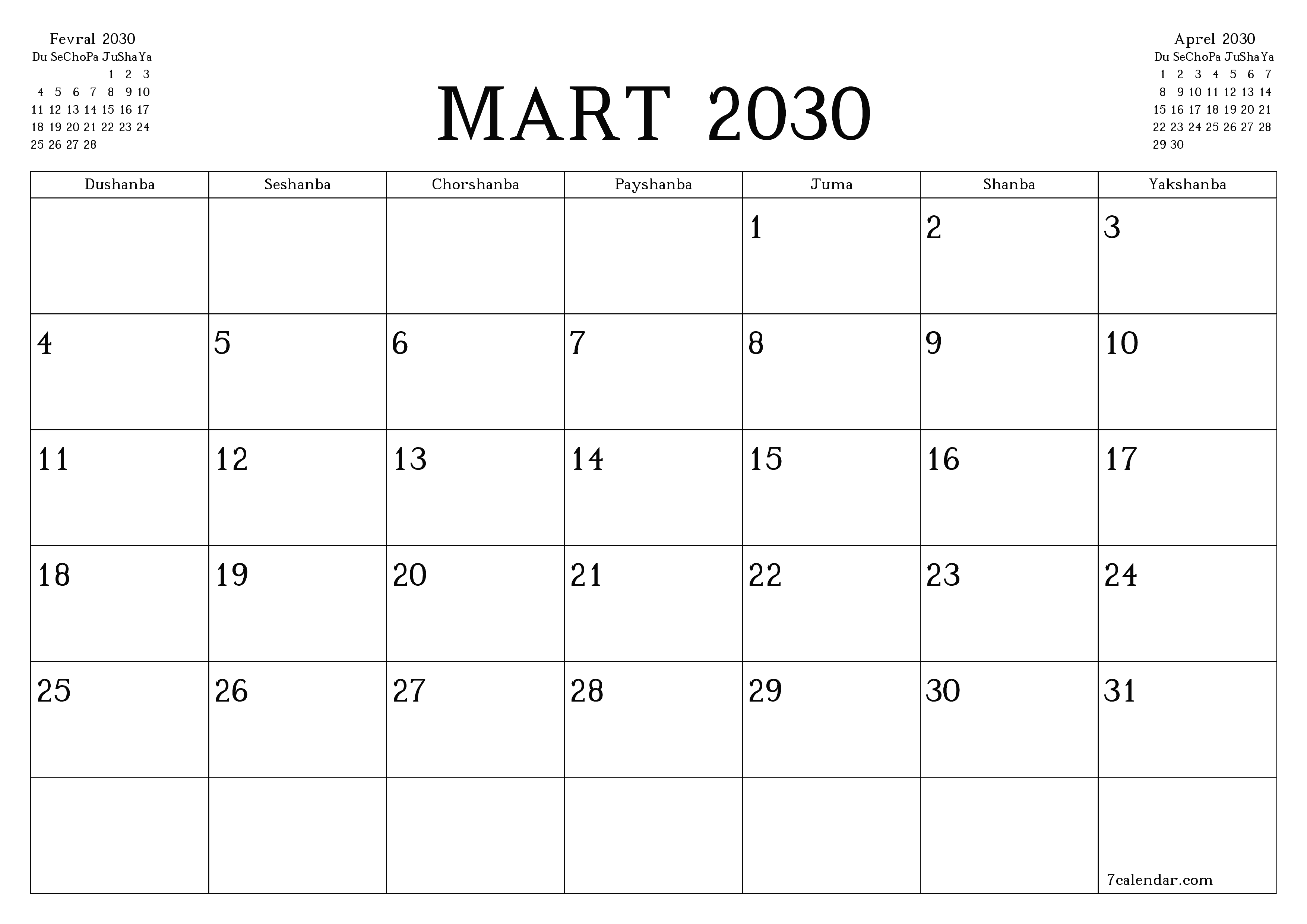 Mart 2030 oylik oylik rejalashtiruvchini yozuvlar bilan bo'shatish, saqlash va PDF-ga chop etish PNG Uzbek