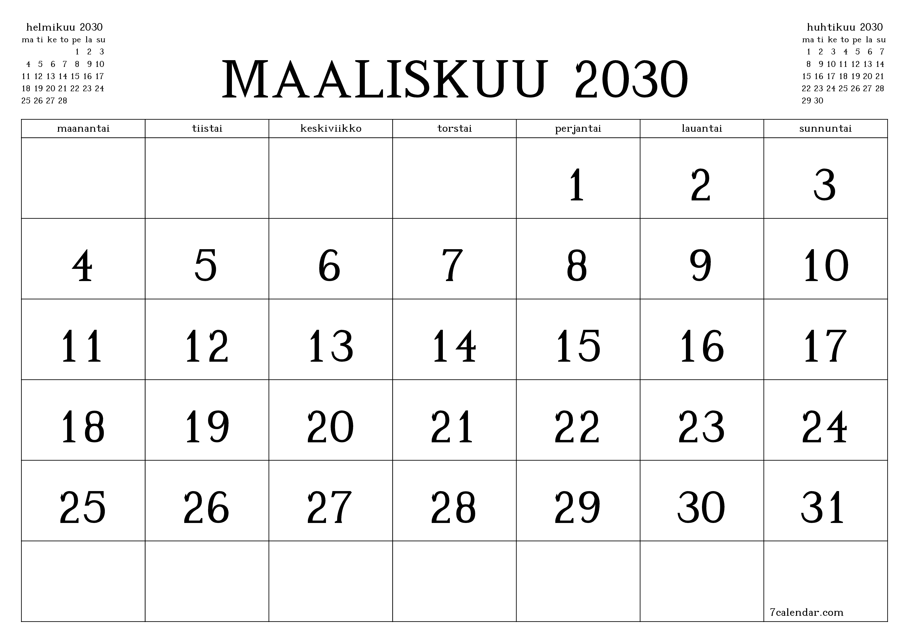 Tyhjennä kuukausittainen suunnittelija kuukaudelle Maaliskuu 2030 muistiinpanoilla, tallenna ja tulosta PDF-muotoon PNG Finnish