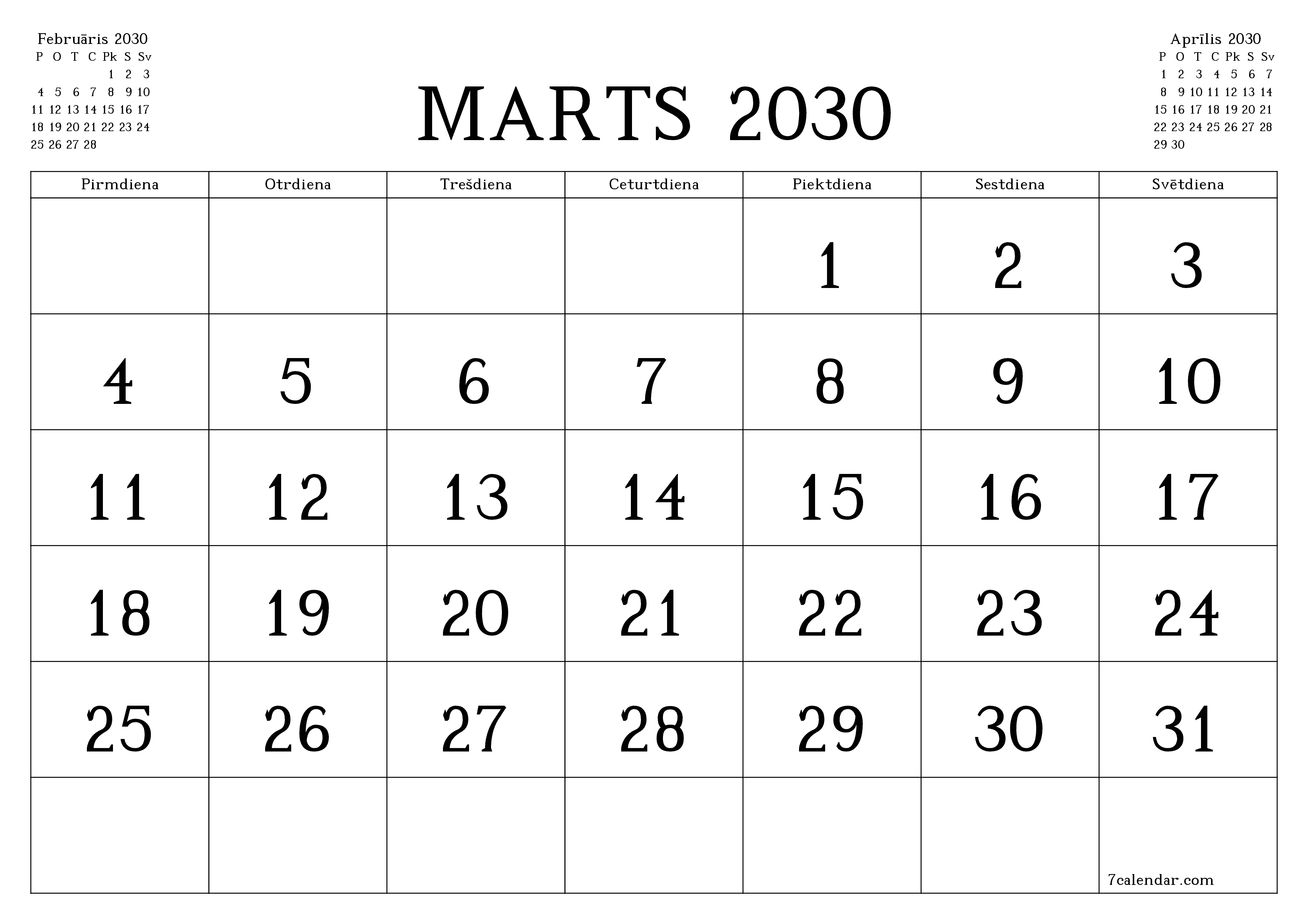 Iztukšot mēneša plānotāju mēnesim Marts 2030 ar piezīmēm, saglabāt un izdrukāt PDF formātā PNG Latvian