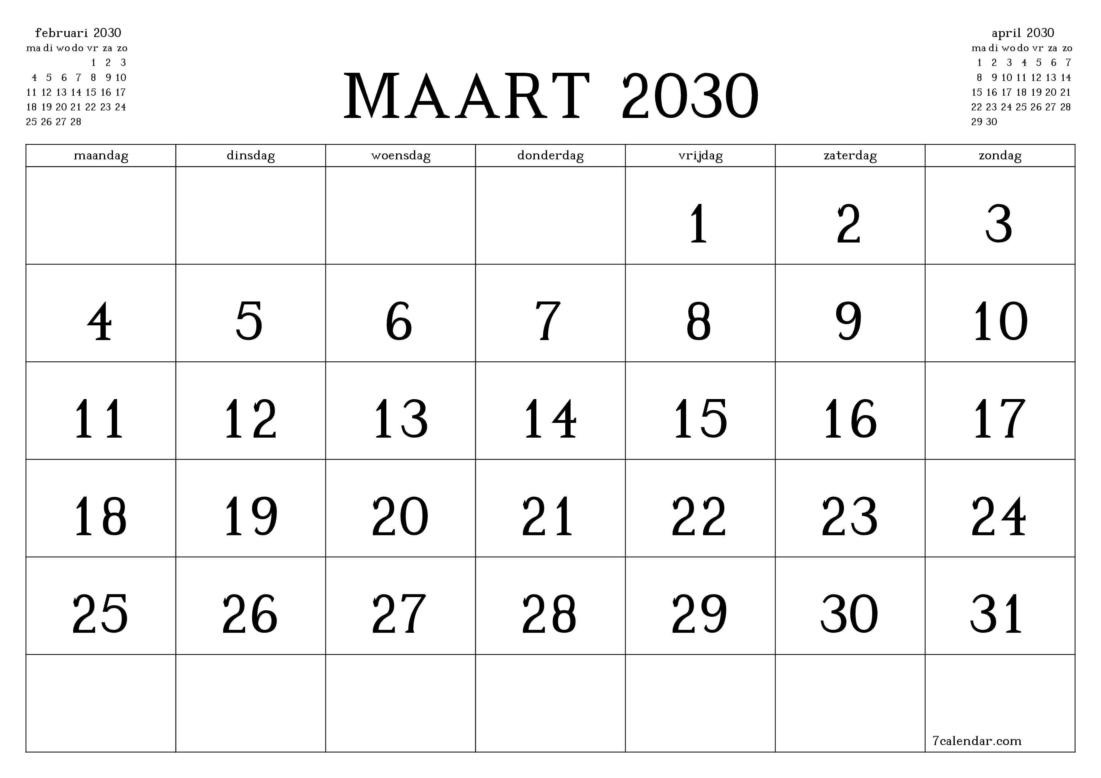 Lege maandplanner voor maand maart 2030 met notities, opslaan en afdrukken naar pdf PNG Dutch