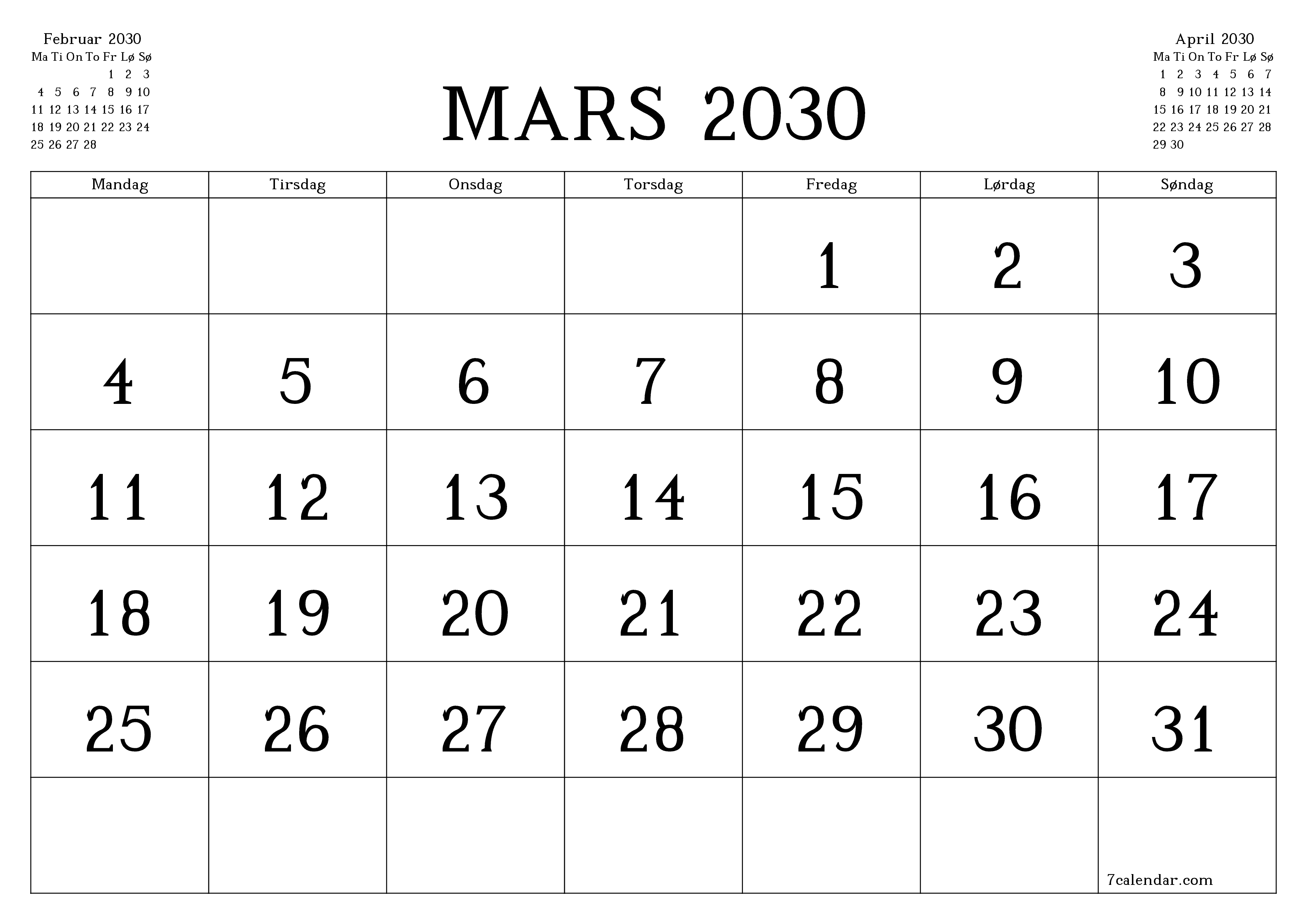 Tom månedlig planlegger for måned Mars 2030 med notater, lagre og skriv ut til PDF PNG Norwegian