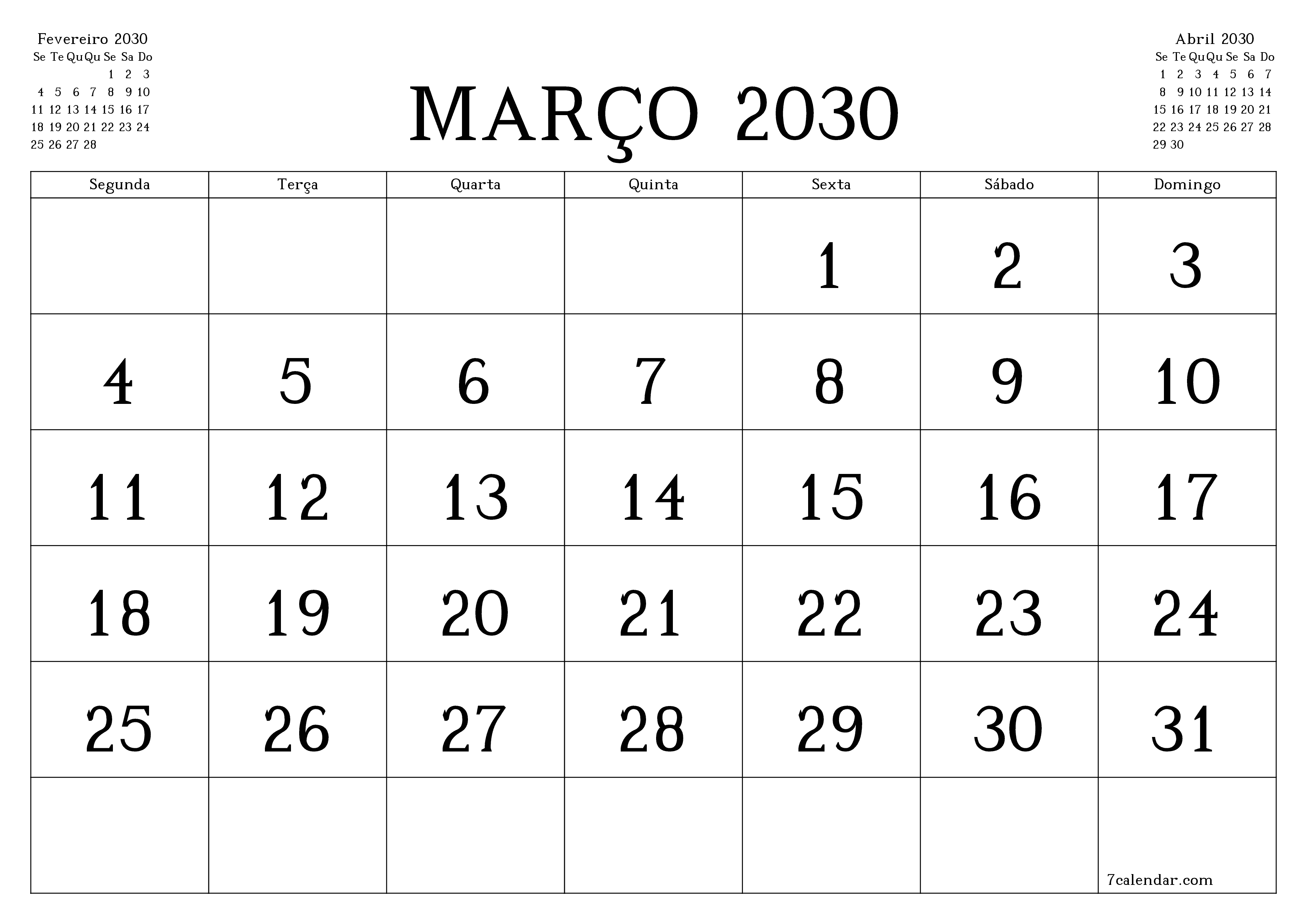 Esvazie o planejador mensal para o mês Março 2030 com notas, salve e imprima em PDF PNG Portuguese
