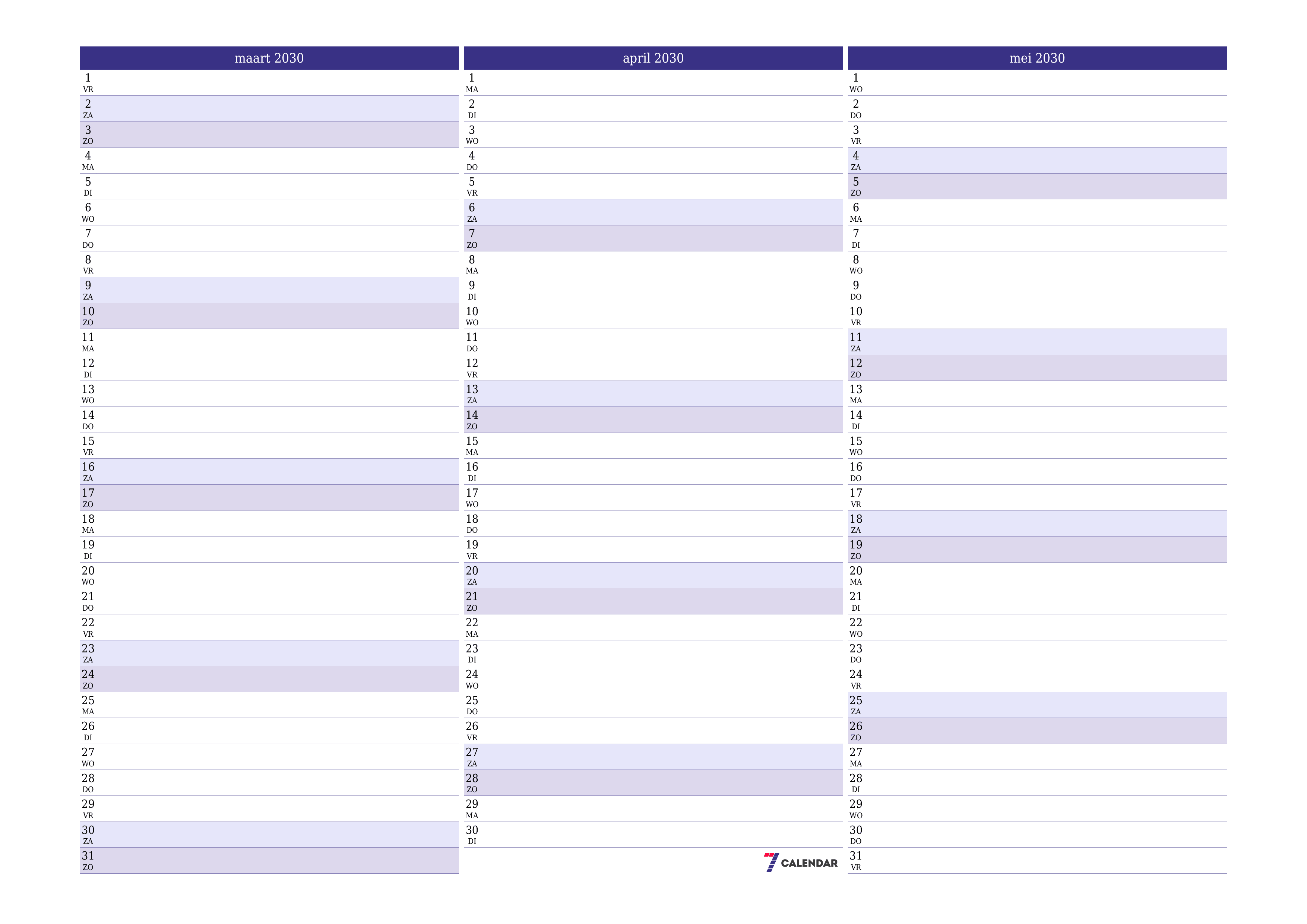 Lege maandplanner voor maand maart 2030 met notities, opslaan en afdrukken naar pdf PNG Dutch