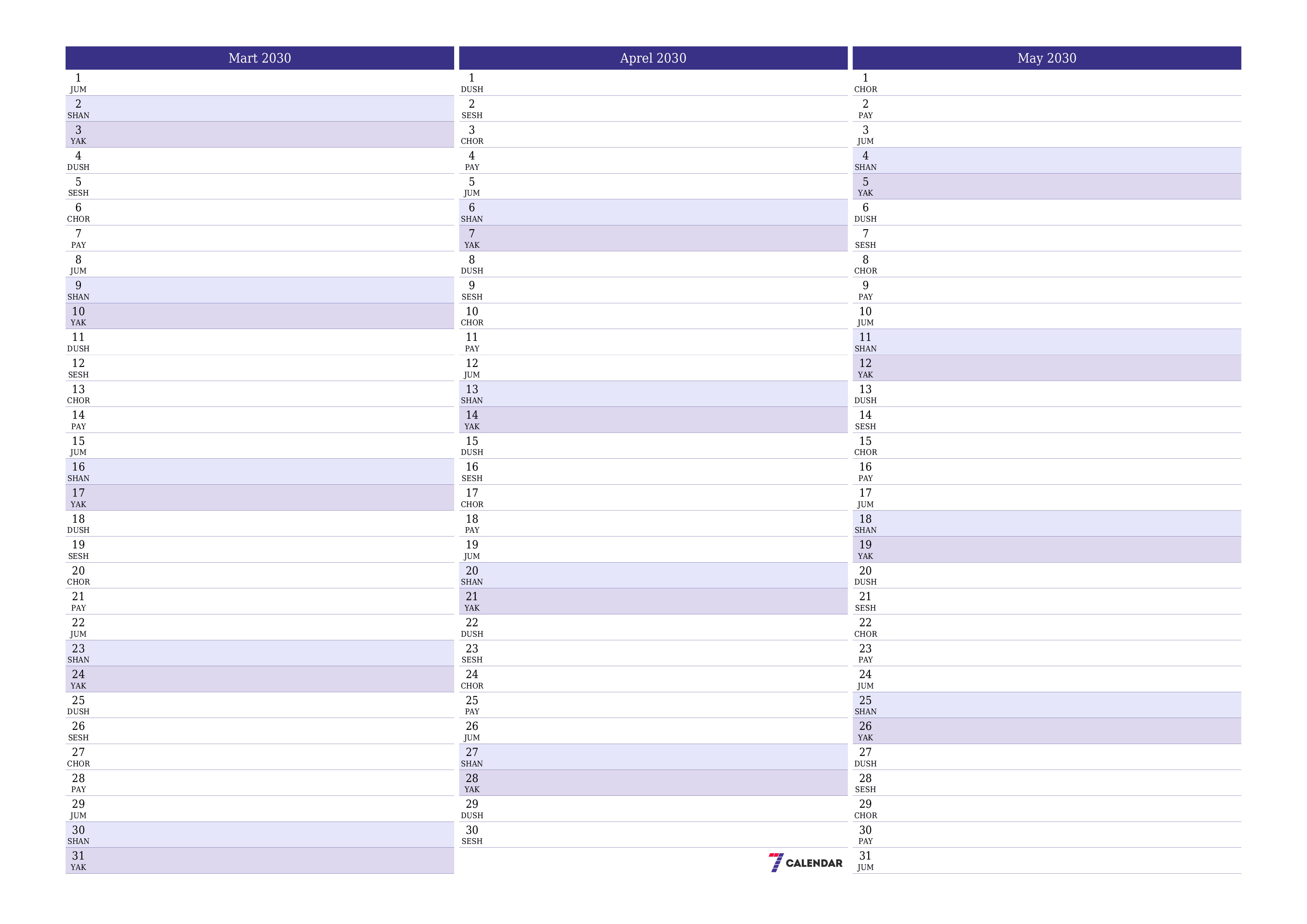 Mart 2030 oylik oylik rejalashtiruvchini yozuvlar bilan bo'shatish, saqlash va PDF-ga chop etish PNG Uzbek