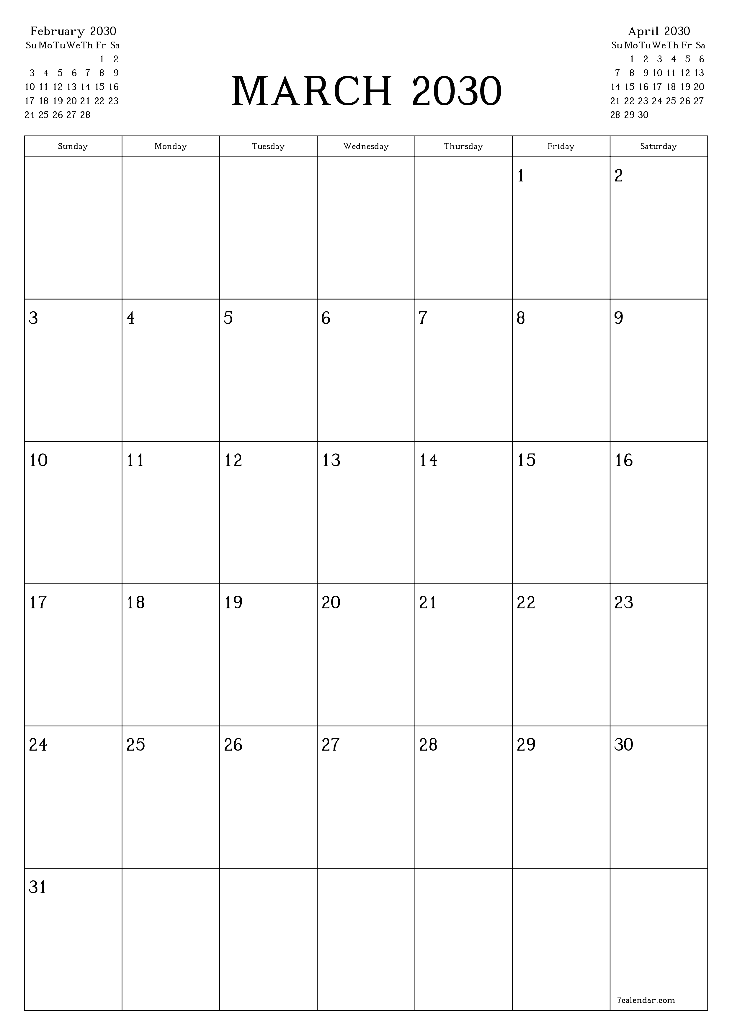 printable wall template free vertical Monthly planner calendar March (Mar) 2030
