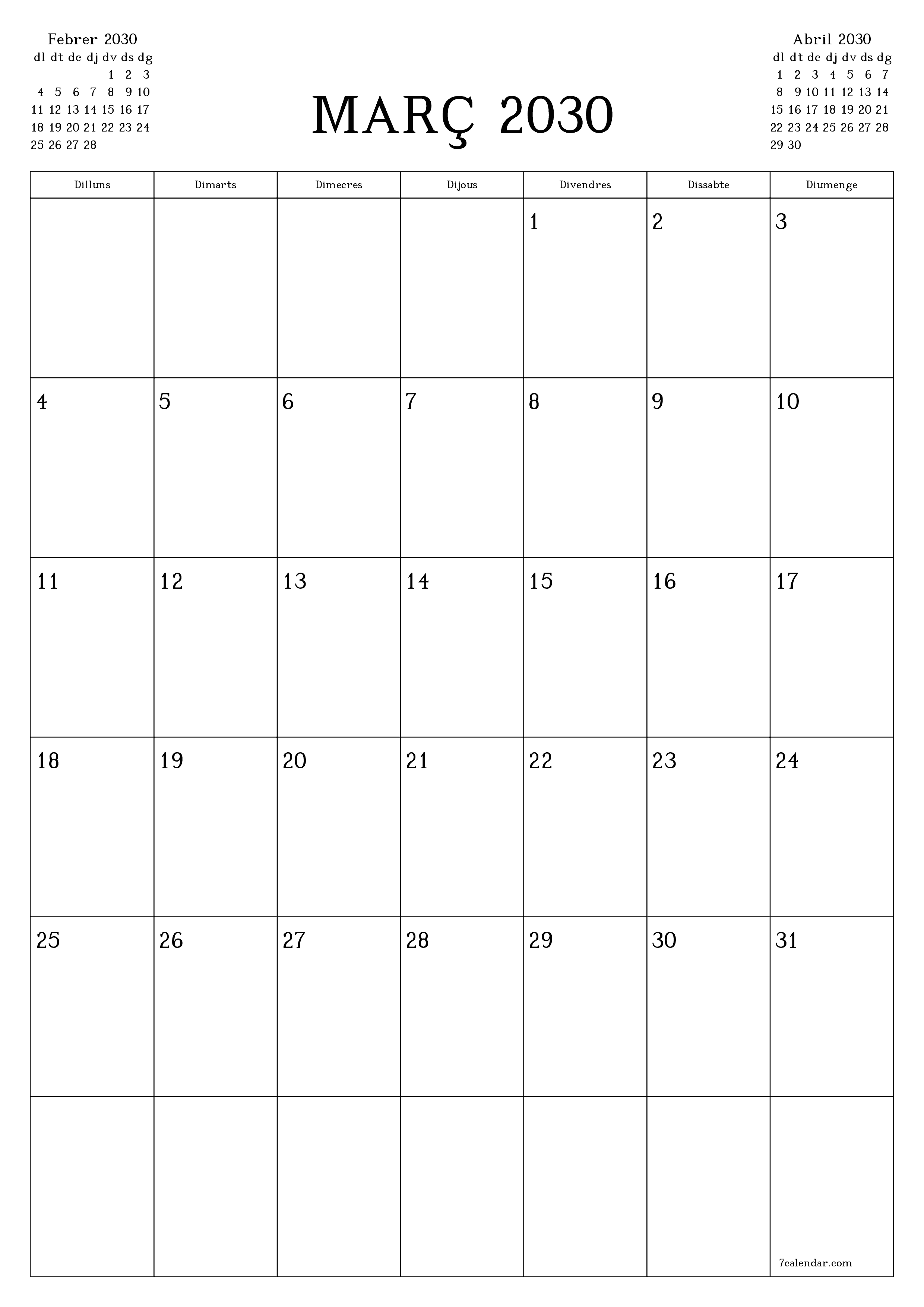  imprimible de paret plantilla de gratuïtvertical Mensual planificador calendari Març (Mar) 2030
