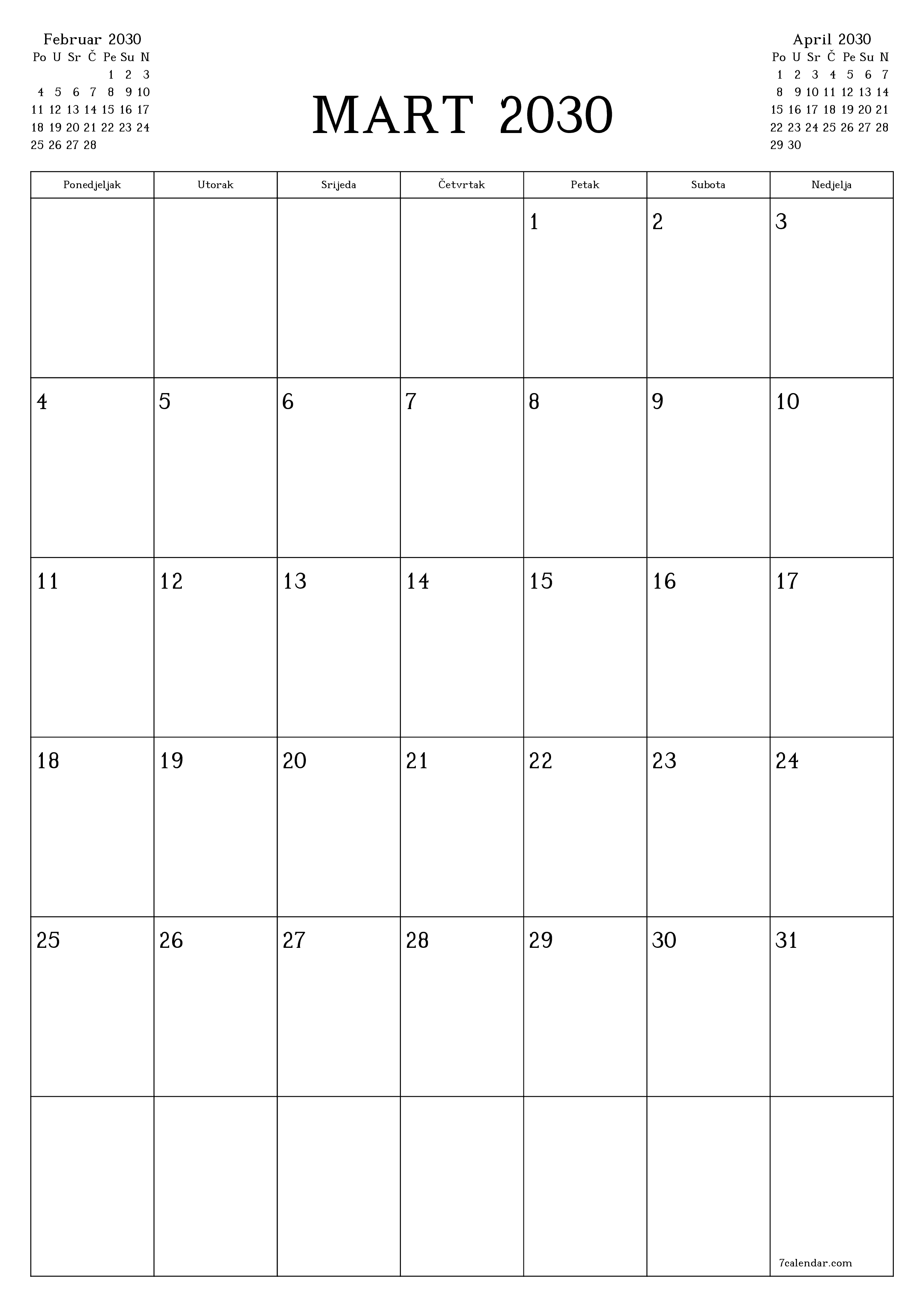  za štampanje zidni šablon a besplatni vertikalno Mjesečno planer kalendar Mart (Mar) 2030