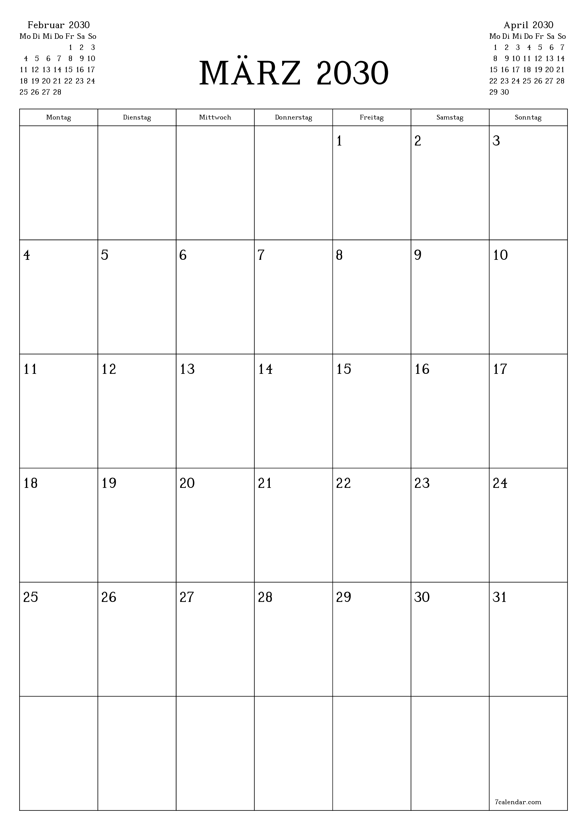  zum Ausdrucken Wandkalender vorlage kostenloser vertikal Monatlich Planer Kalender März (Mär) 2030