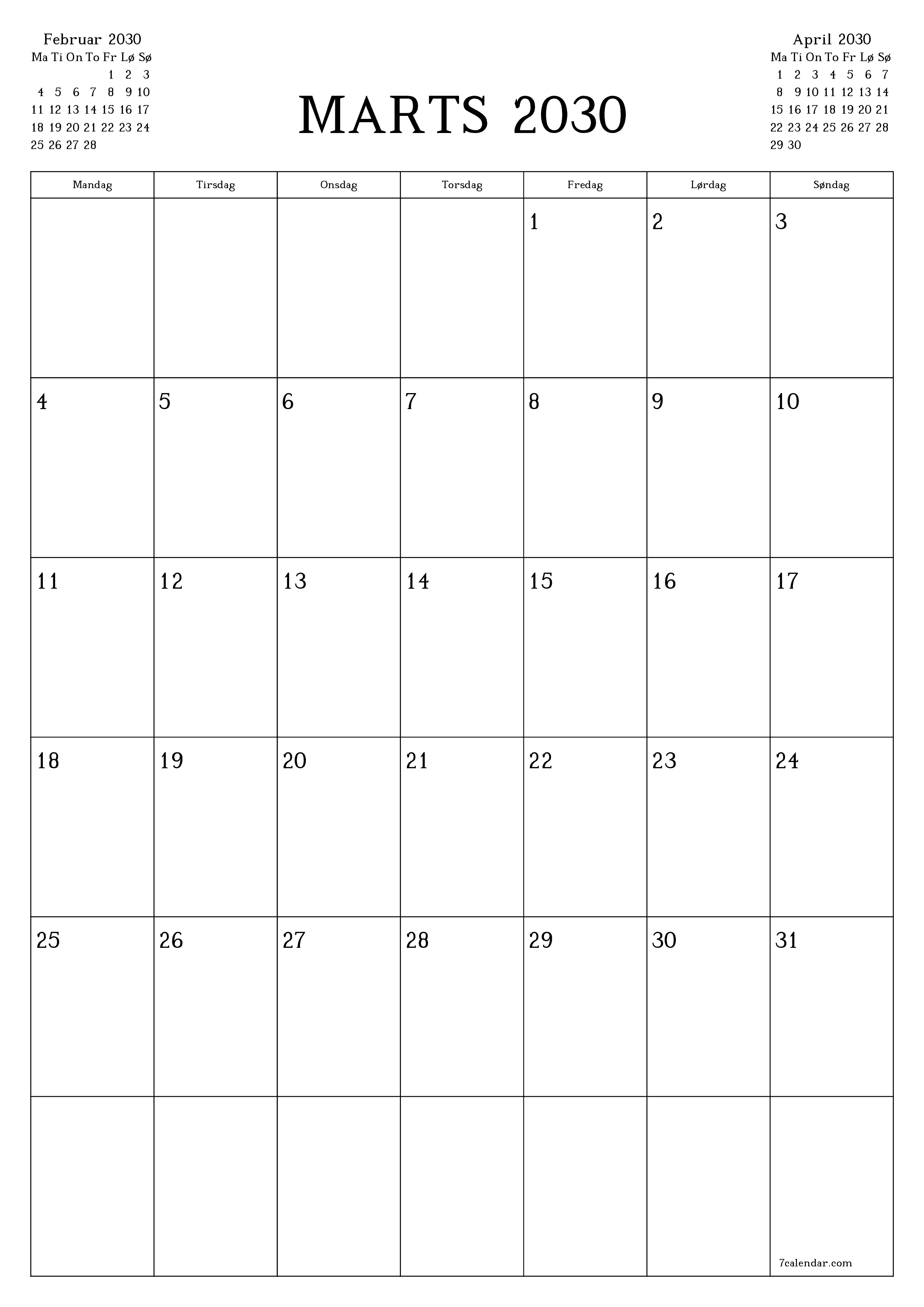 udskrivbar væg skabelon gratis lodret Månedlig planlægger kalender Marts (Mar) 2030