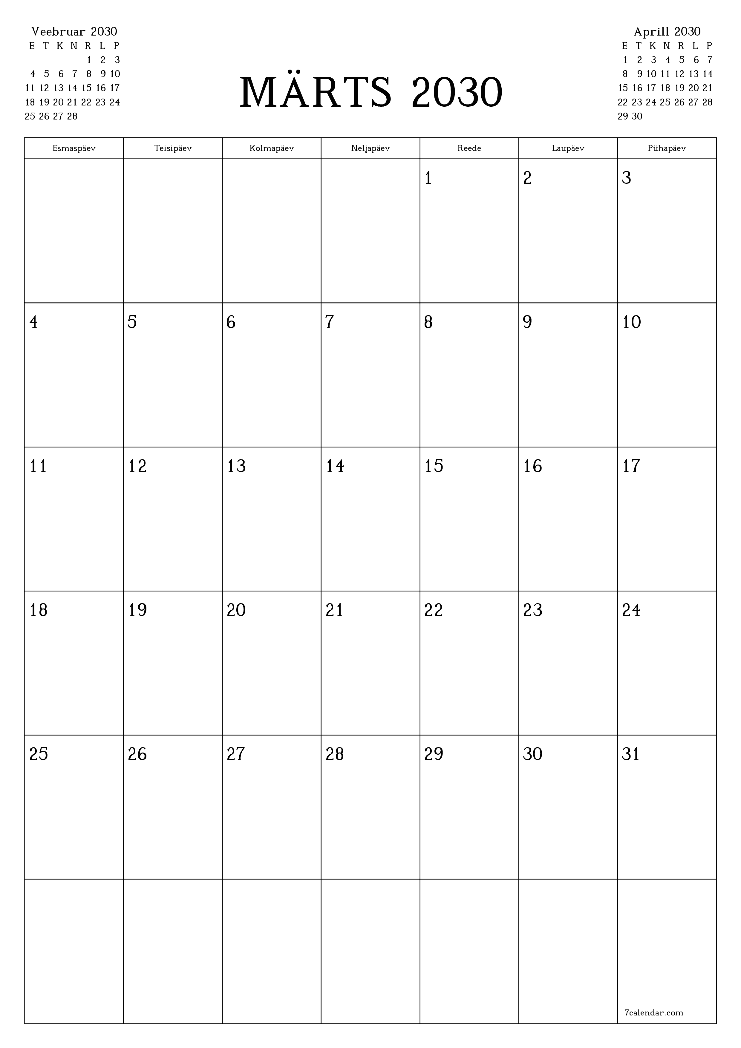 prinditav seina kalendri mall tasuta vertikaalne Igakuine planeerija kalender Märts (Märts) 2030