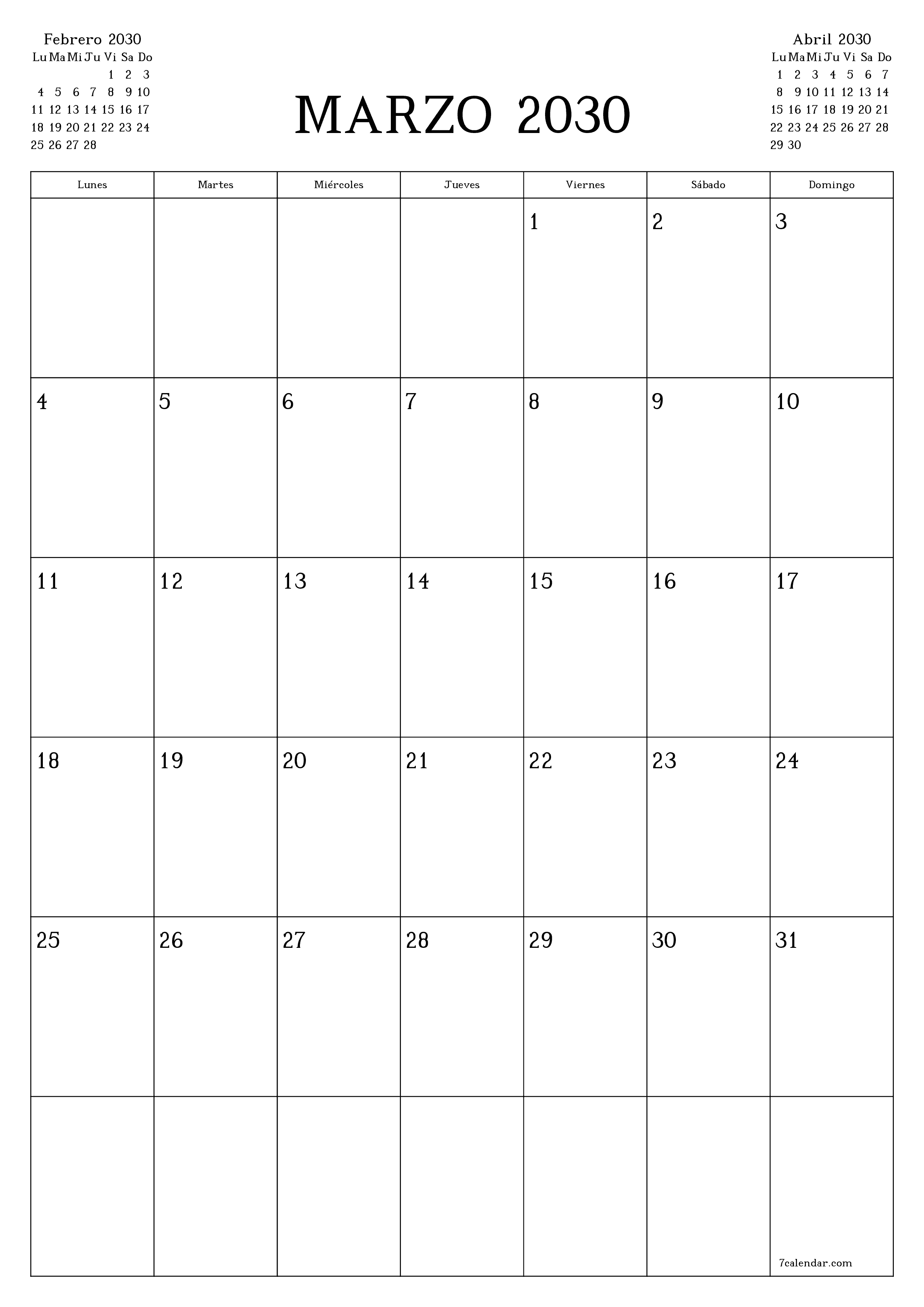  imprimible de pared plantilla de gratisvertical Mensual planificador calendario Marzo (Mar) 2030