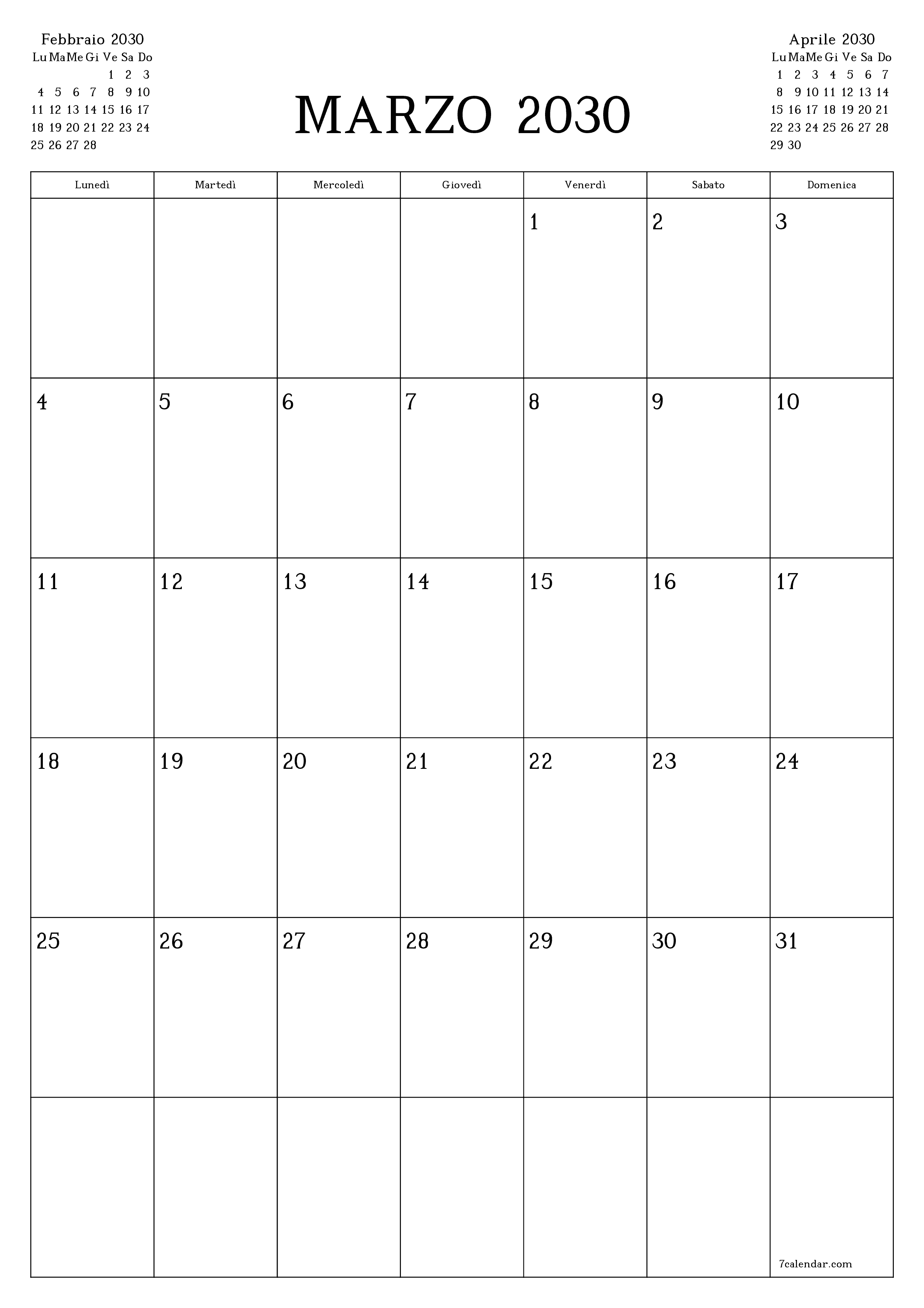  stampabile da parete modello di gratuitoverticale Mensile pianificatore calendario Marzo (Mar) 2030