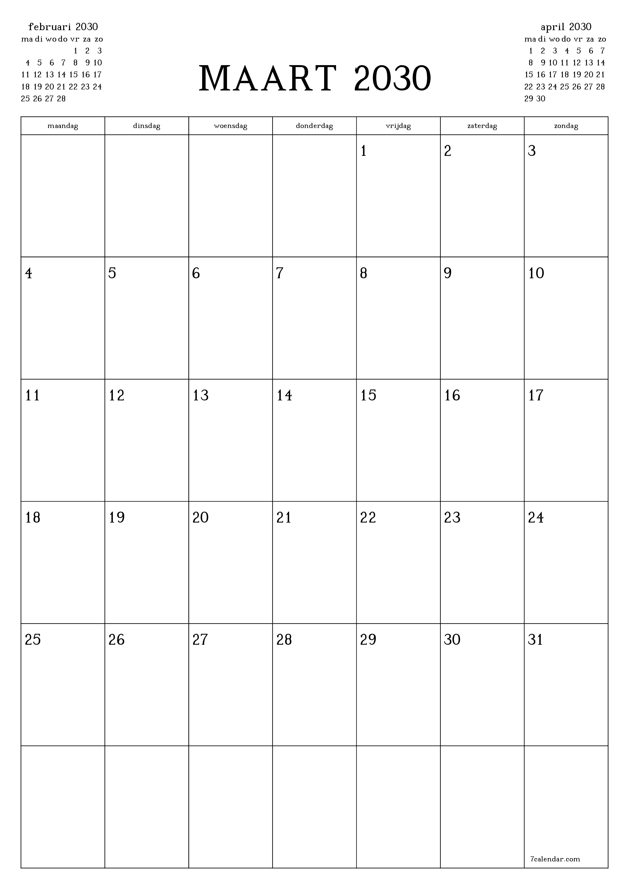 afdrukbare muur sjabloon gratis verticaal Maandelijks planner kalender maart (mrt) 2030