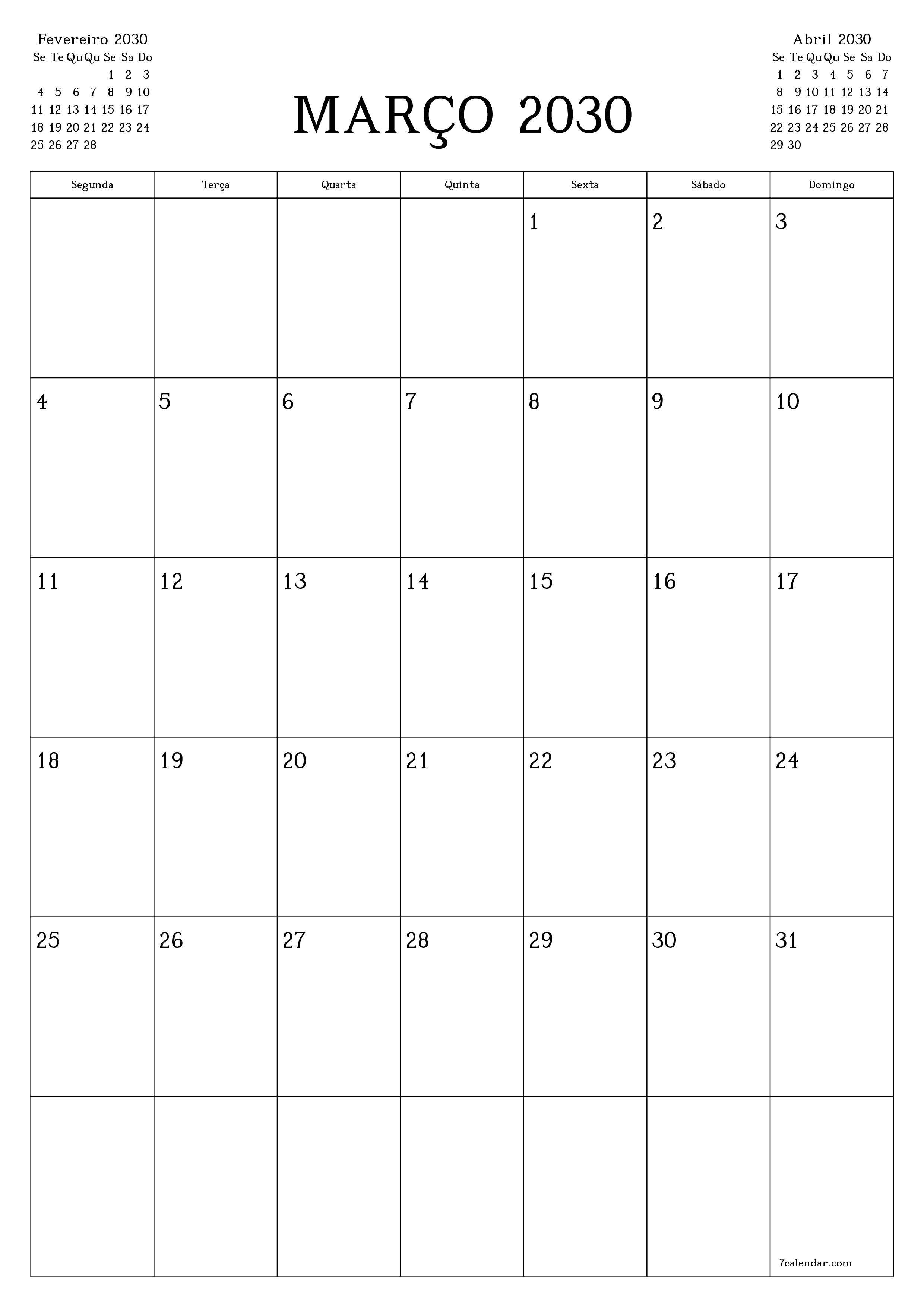  para impressão de parede modelo de grátisvertical Mensal planejador calendário Março (Mar) 2030