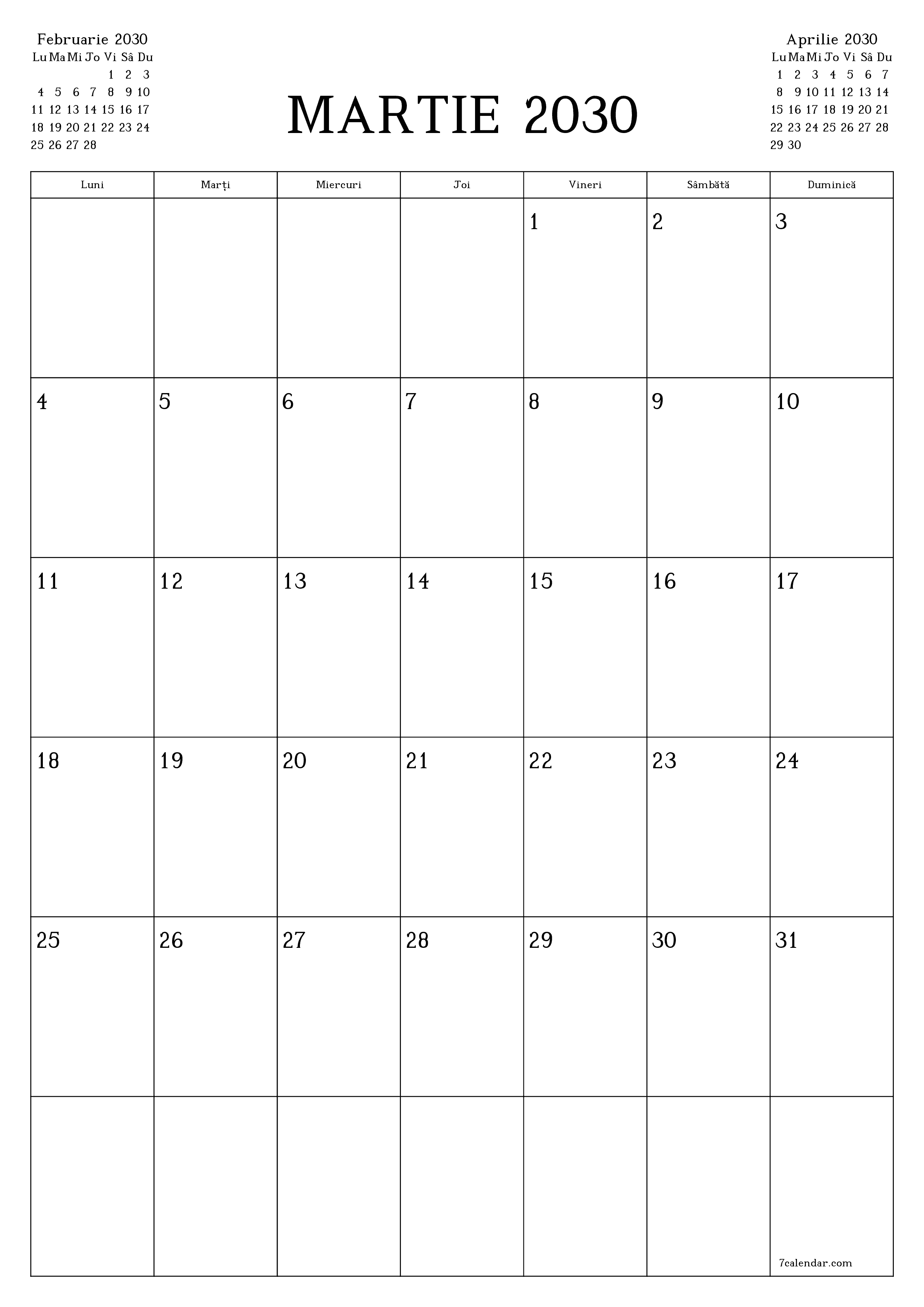 imprimabil de perete șablon de gratuitvertical Lunar planificator calendar Martie (Mar) 2030