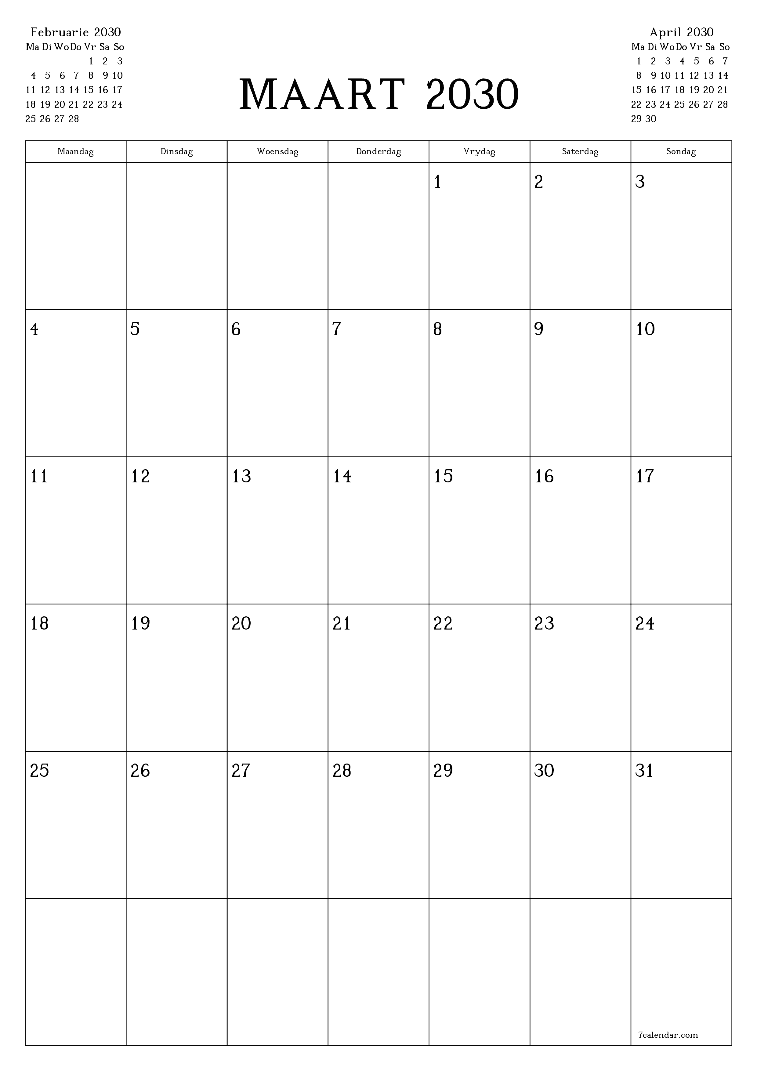drukbare muur template gratis vertikaal Maandeliks beplanner kalender Maart (Mar) 2030