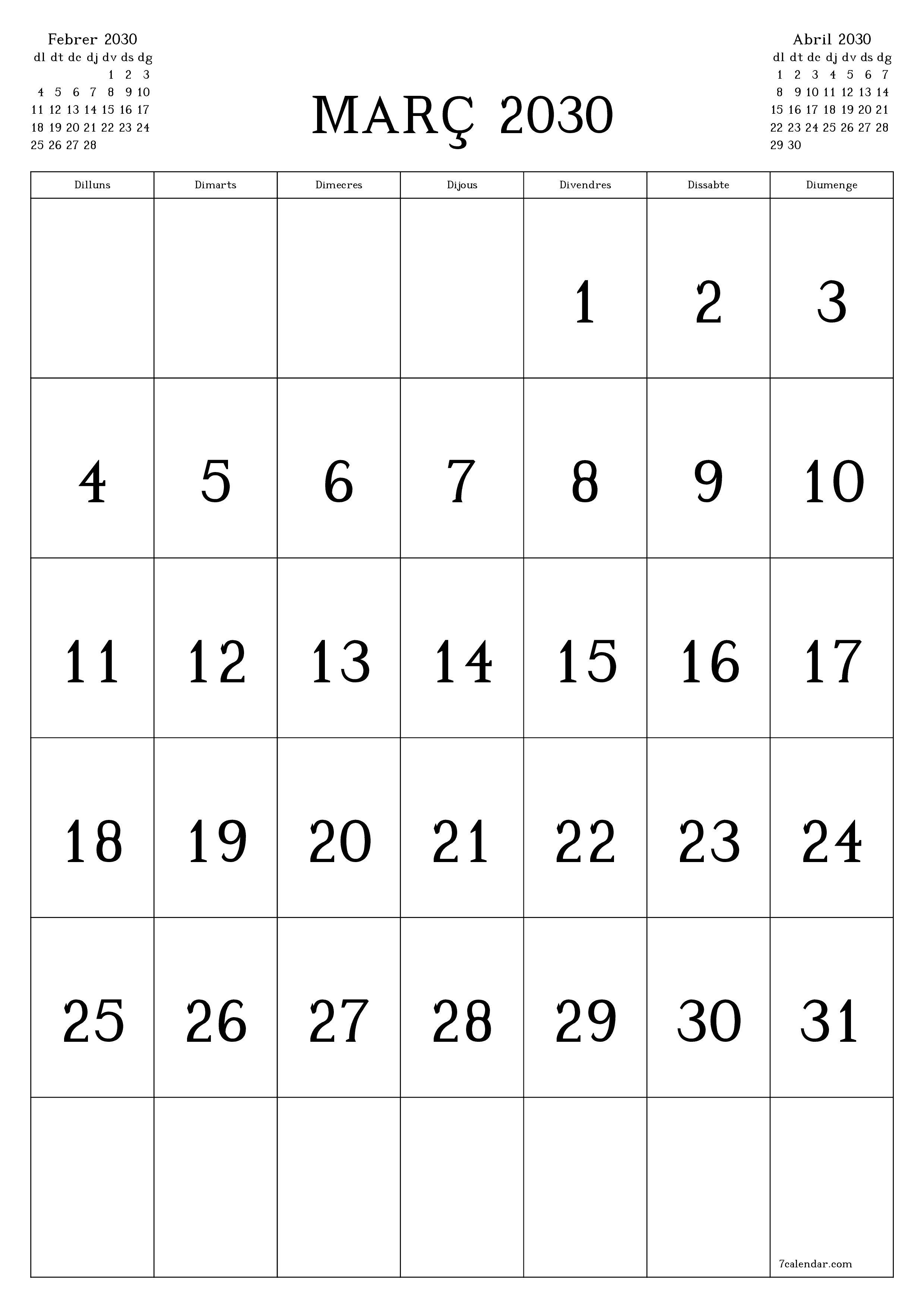 imprimible de paret plantilla de gratuïtvertical Mensual calendari Març (Mar) 2030