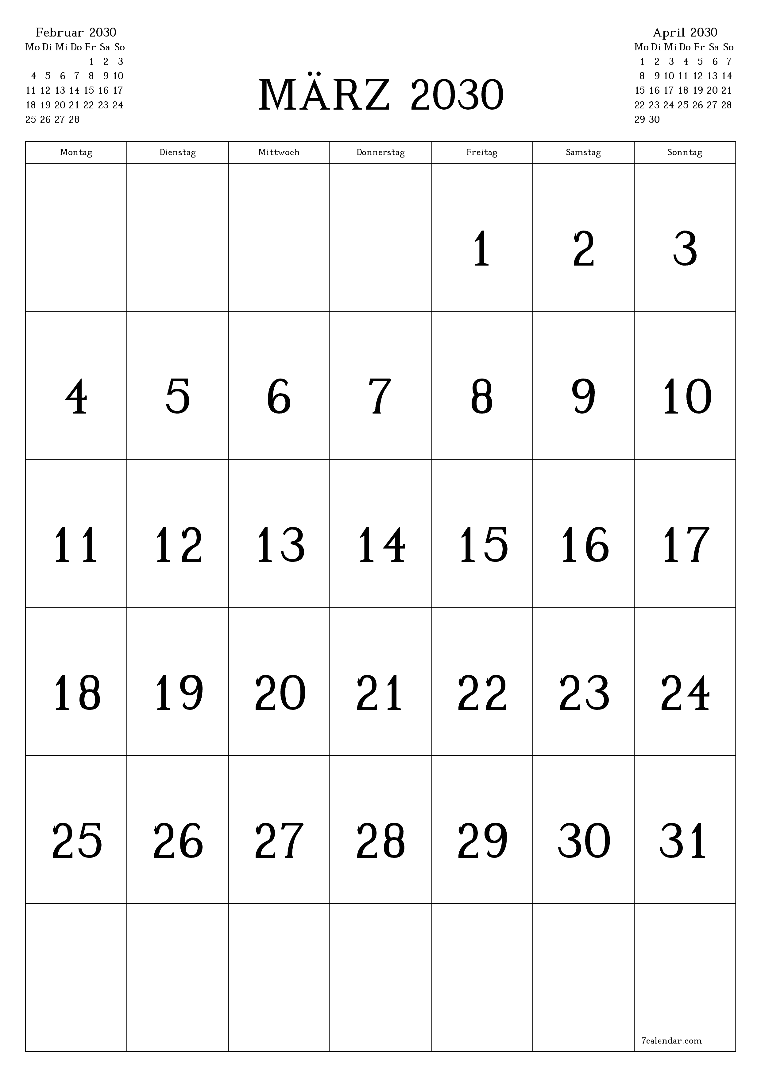  zum Ausdrucken Wandkalender vorlage kostenloser vertikal Monatlich Kalender März (Mär) 2030