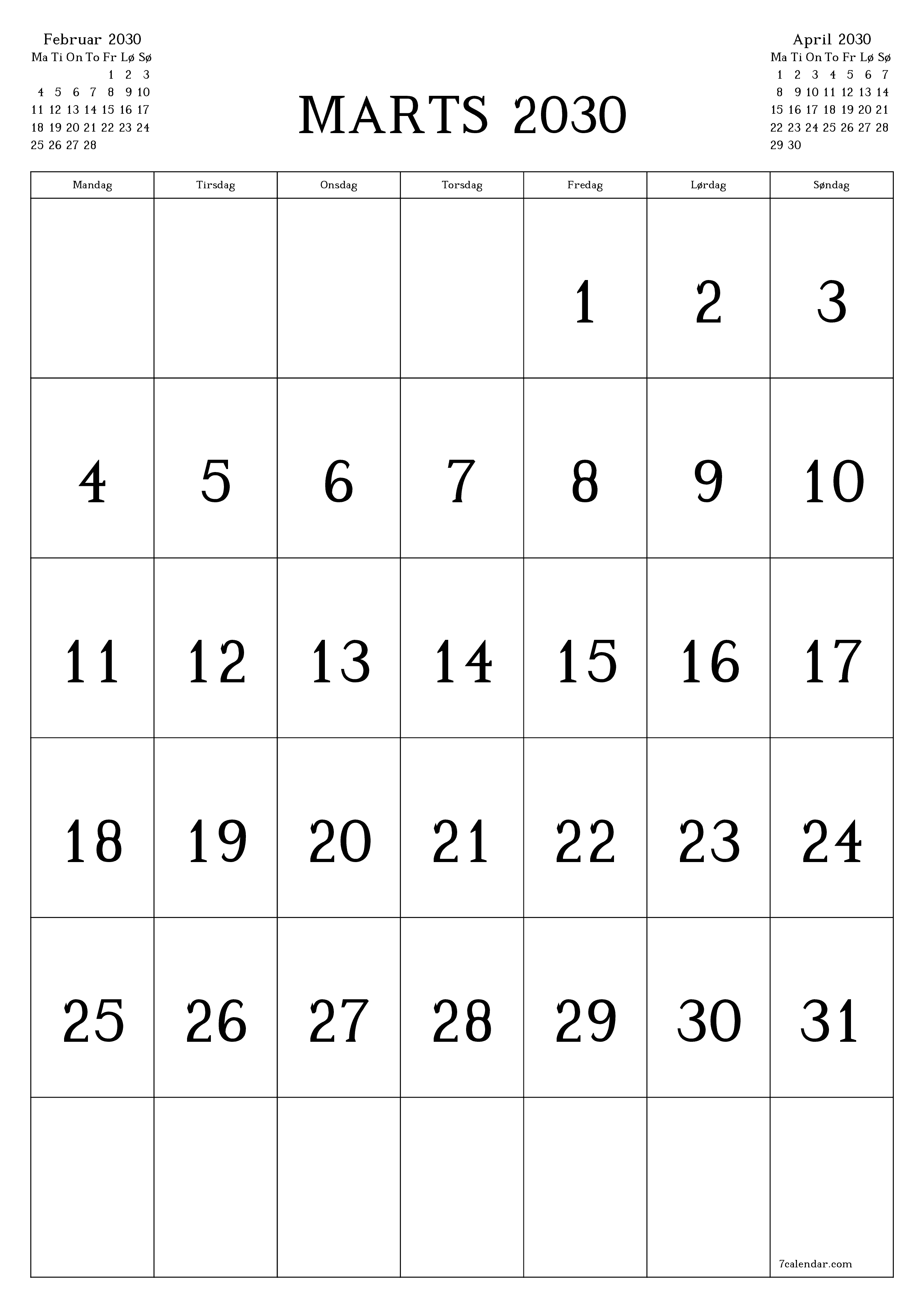 udskrivbar væg skabelon gratis lodret Månedlig kalender Marts (Mar) 2030