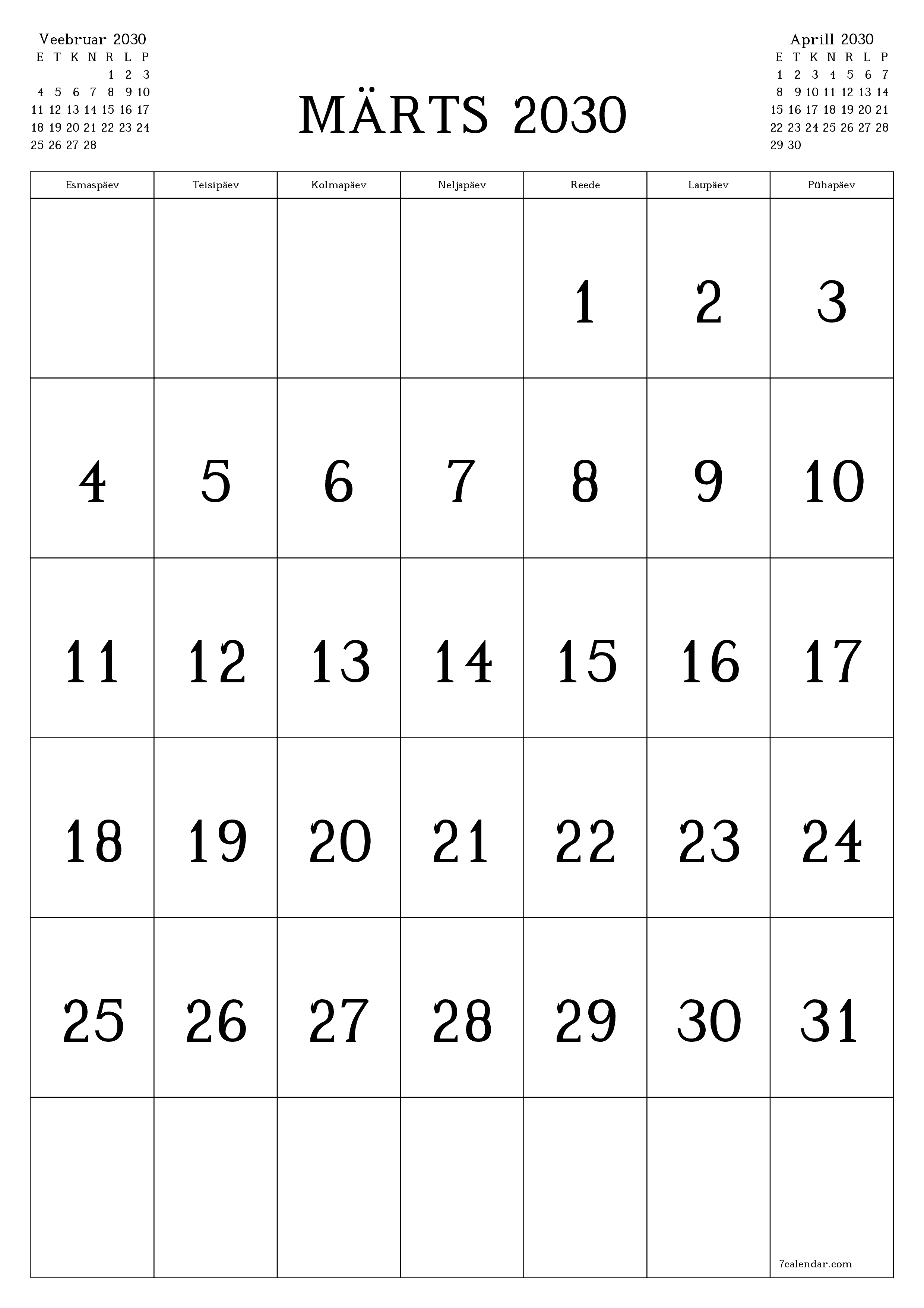prinditav seina kalendri mall tasuta vertikaalne Igakuine kalender Märts (Märts) 2030