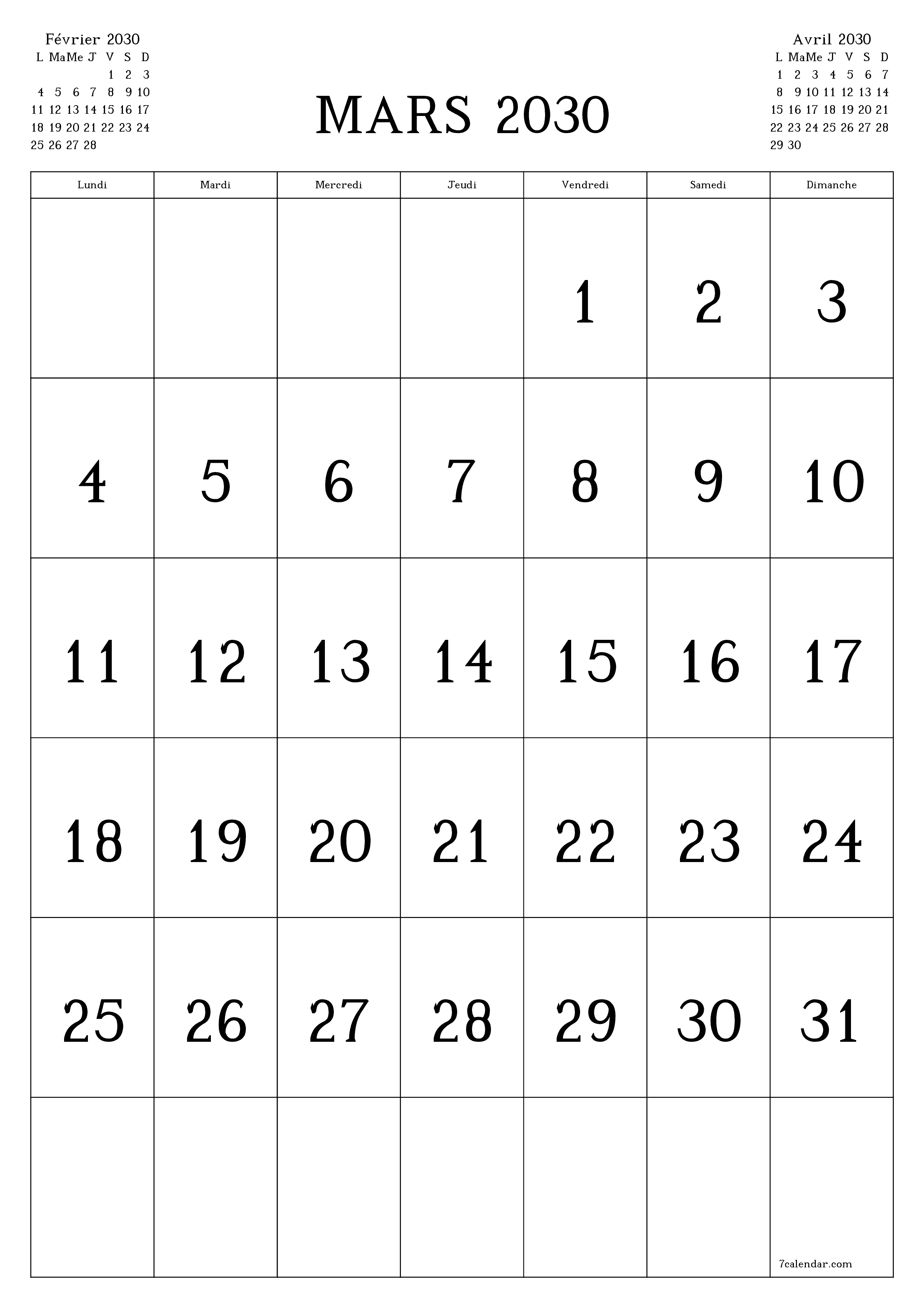  imprimable mural modèle de gratuitverticale Mensuel calendrier Mars (Mar) 2030