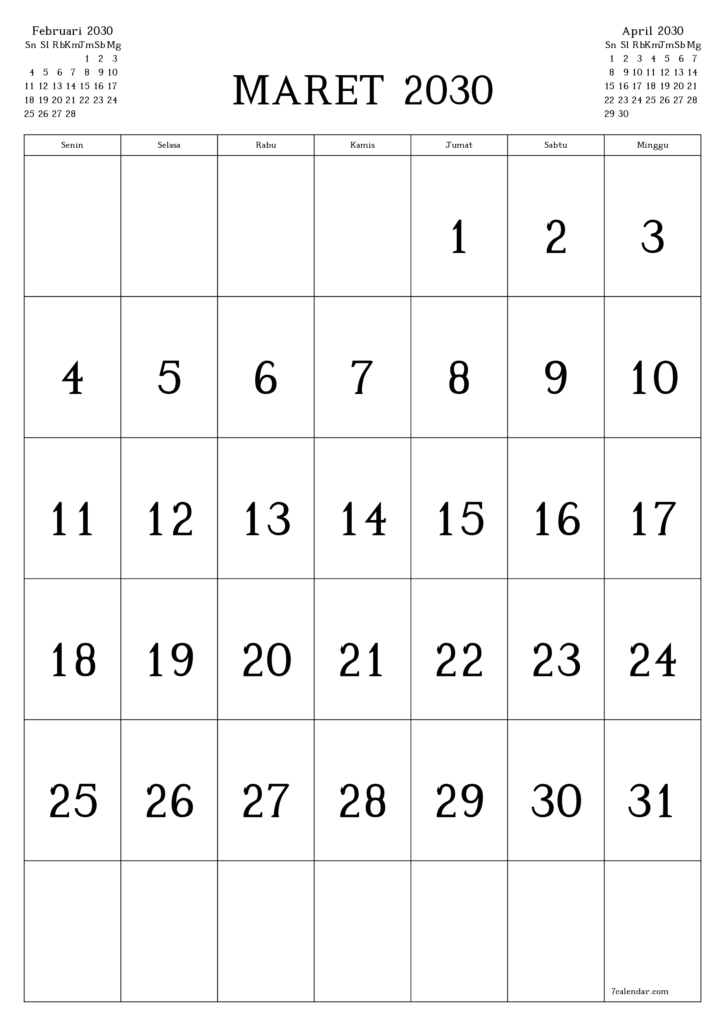  yang dapat dicetak dinding templat gratisvertikal Bulanan kalender Maret (Mar) 2030