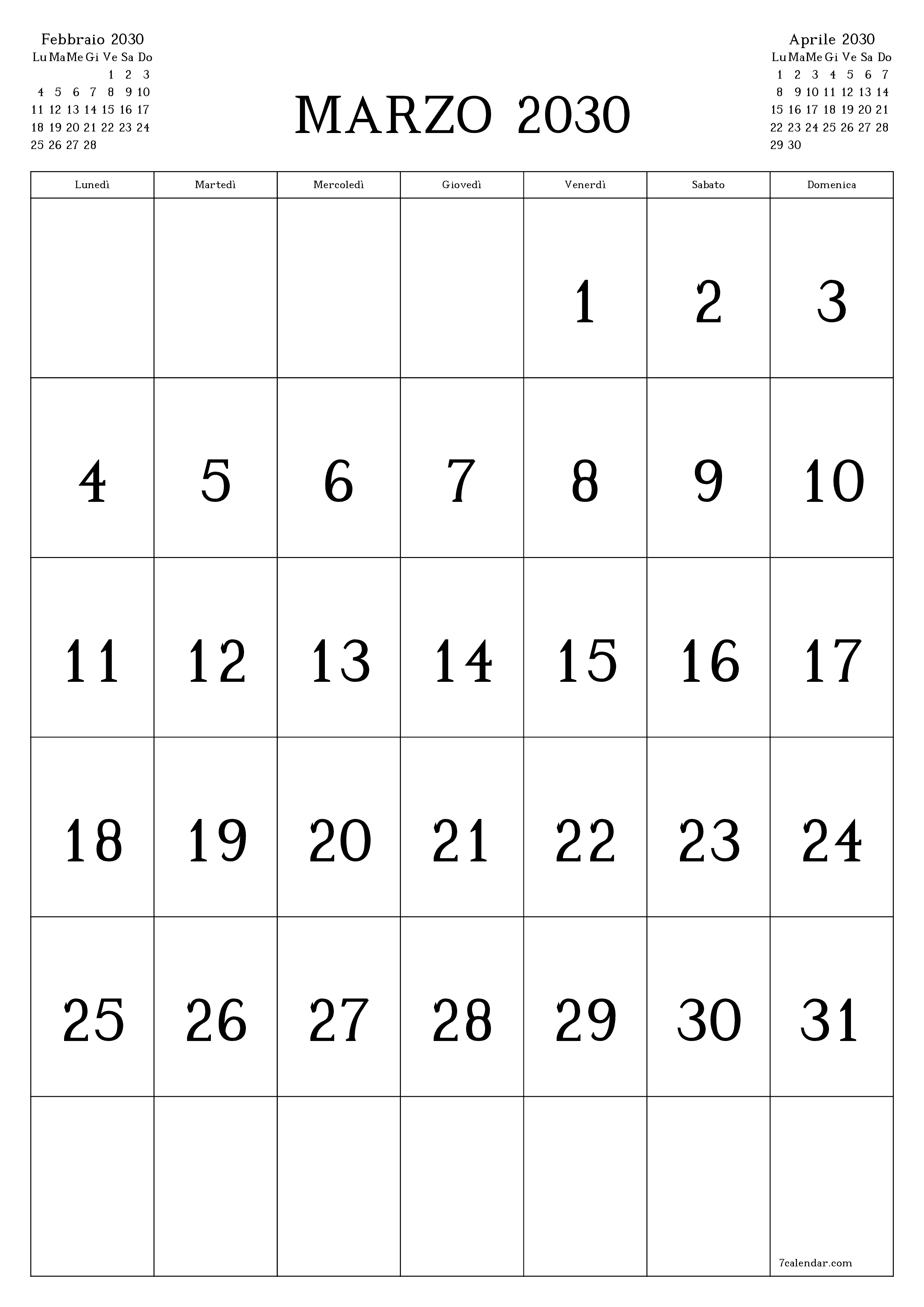  stampabile da parete modello di gratuitoverticale Mensile calendario Marzo (Mar) 2030