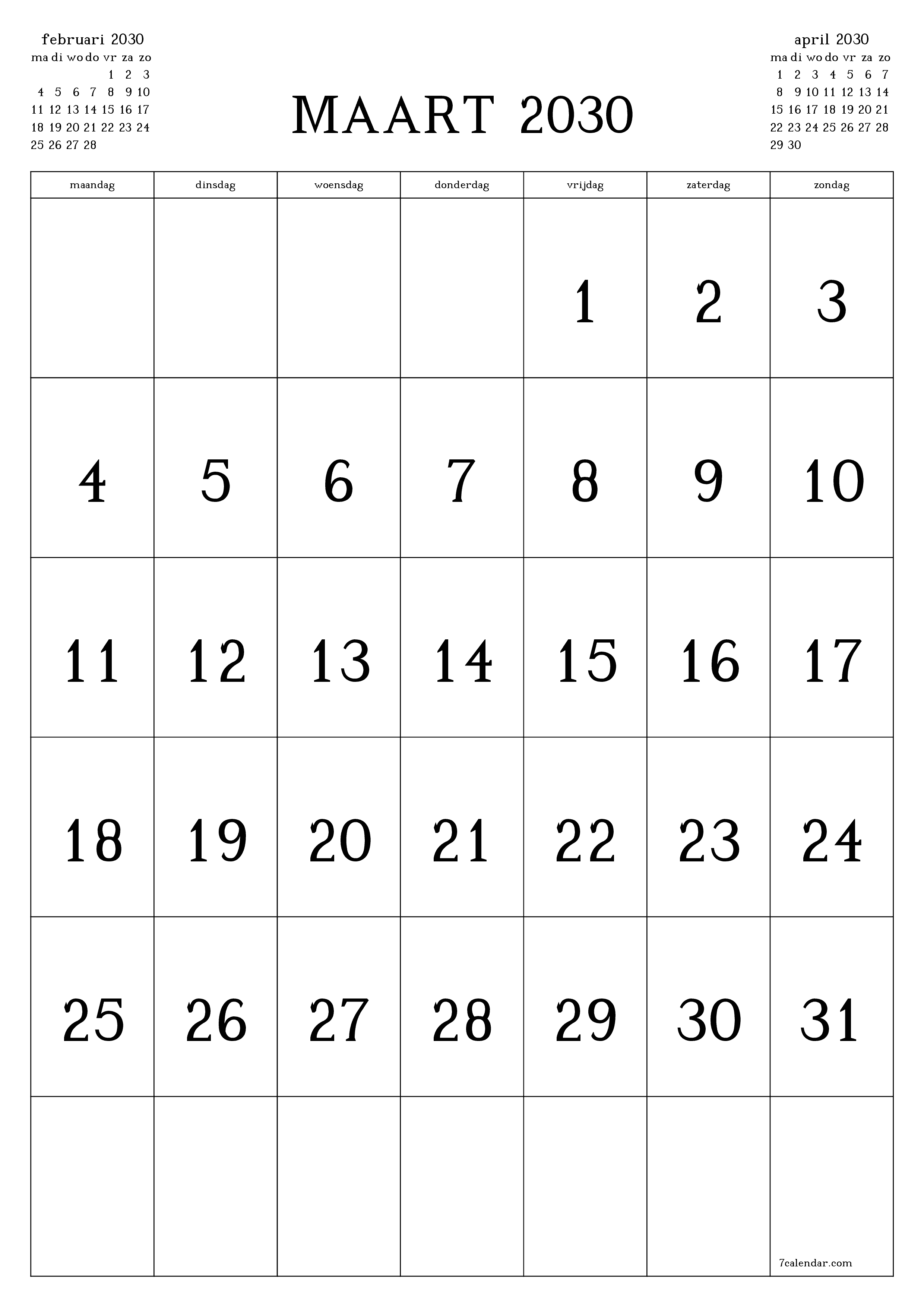 afdrukbare muur sjabloon gratis verticaal Maandelijks kalender maart (mrt) 2030