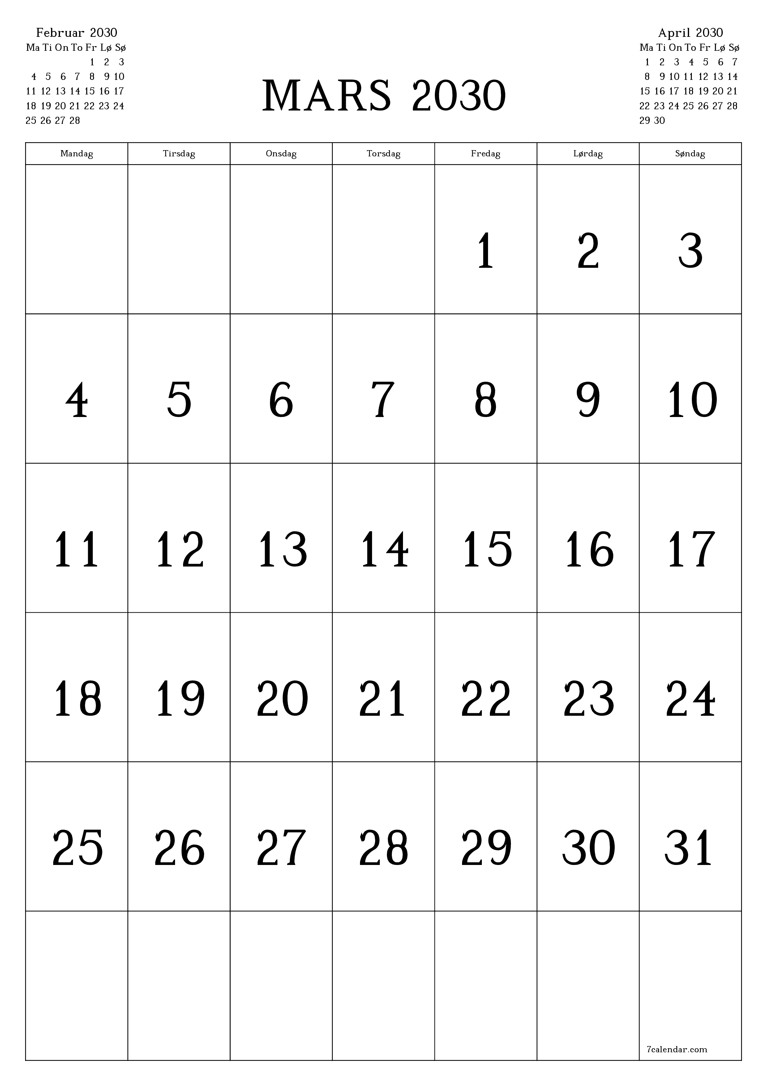 utskrivbar vegg mal gratis vertikal Månedlig kalender Mars (Mar) 2030