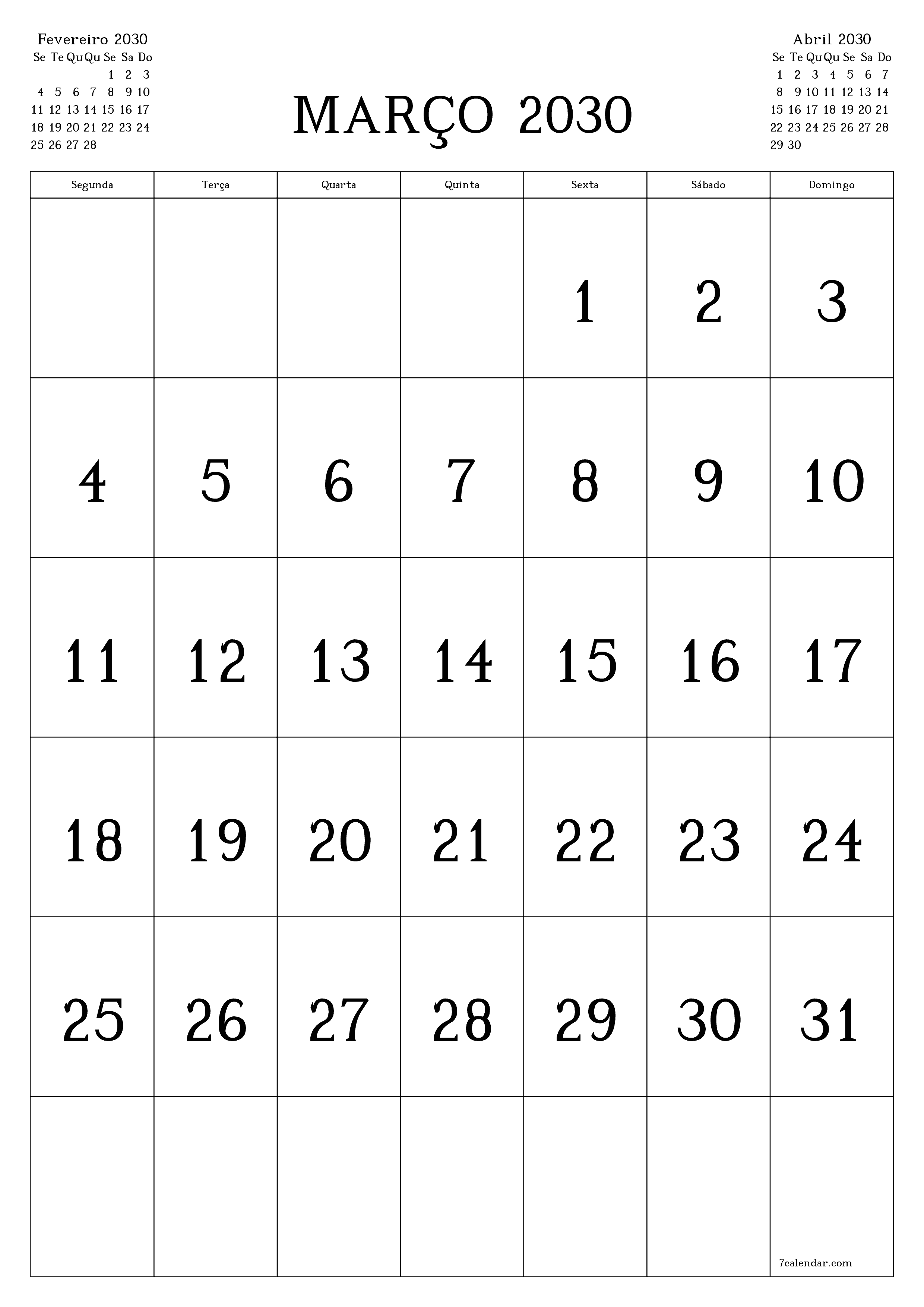  para impressão de parede modelo de grátisvertical Mensal calendário Março (Mar) 2030
