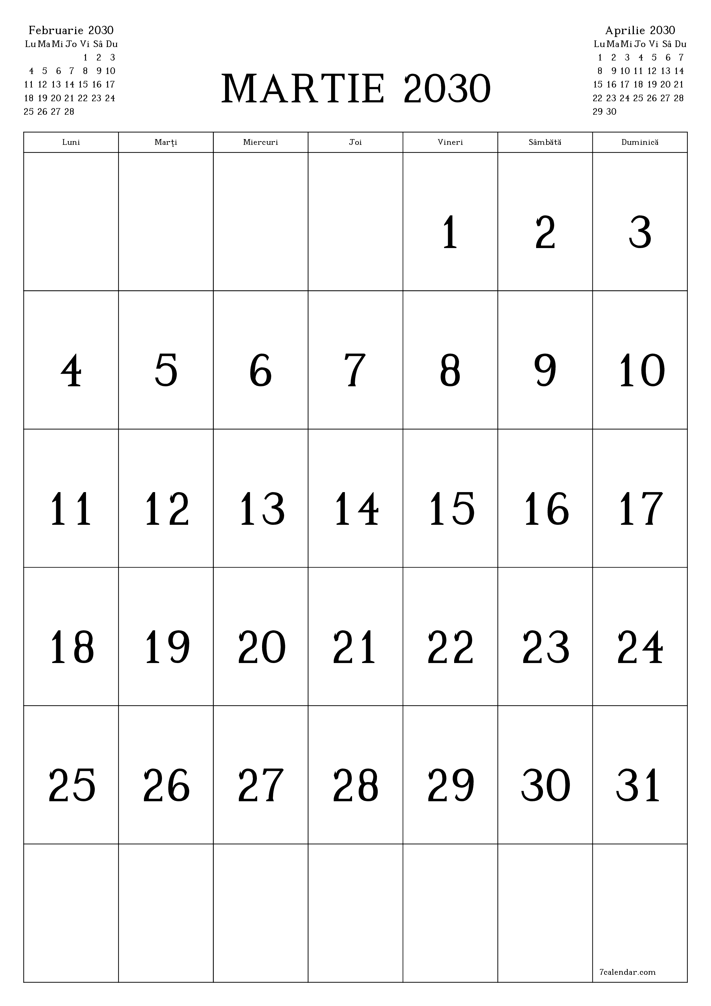  imprimabil de perete șablon de gratuitvertical Lunar calendar Martie (Mar) 2030
