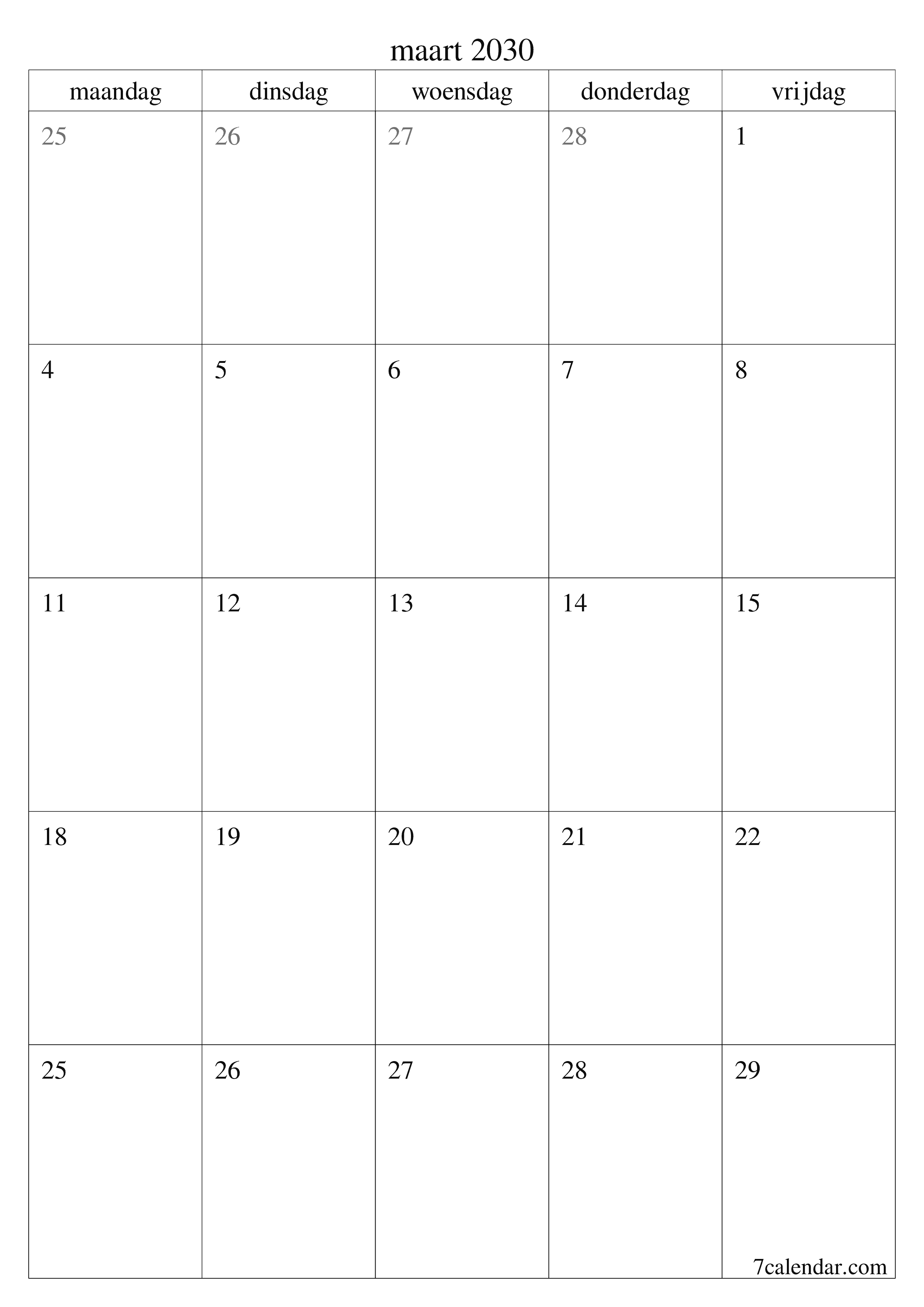 afdrukbare muur sjabloon gratis verticaal Maandelijks planner kalender maart (mrt) 2030