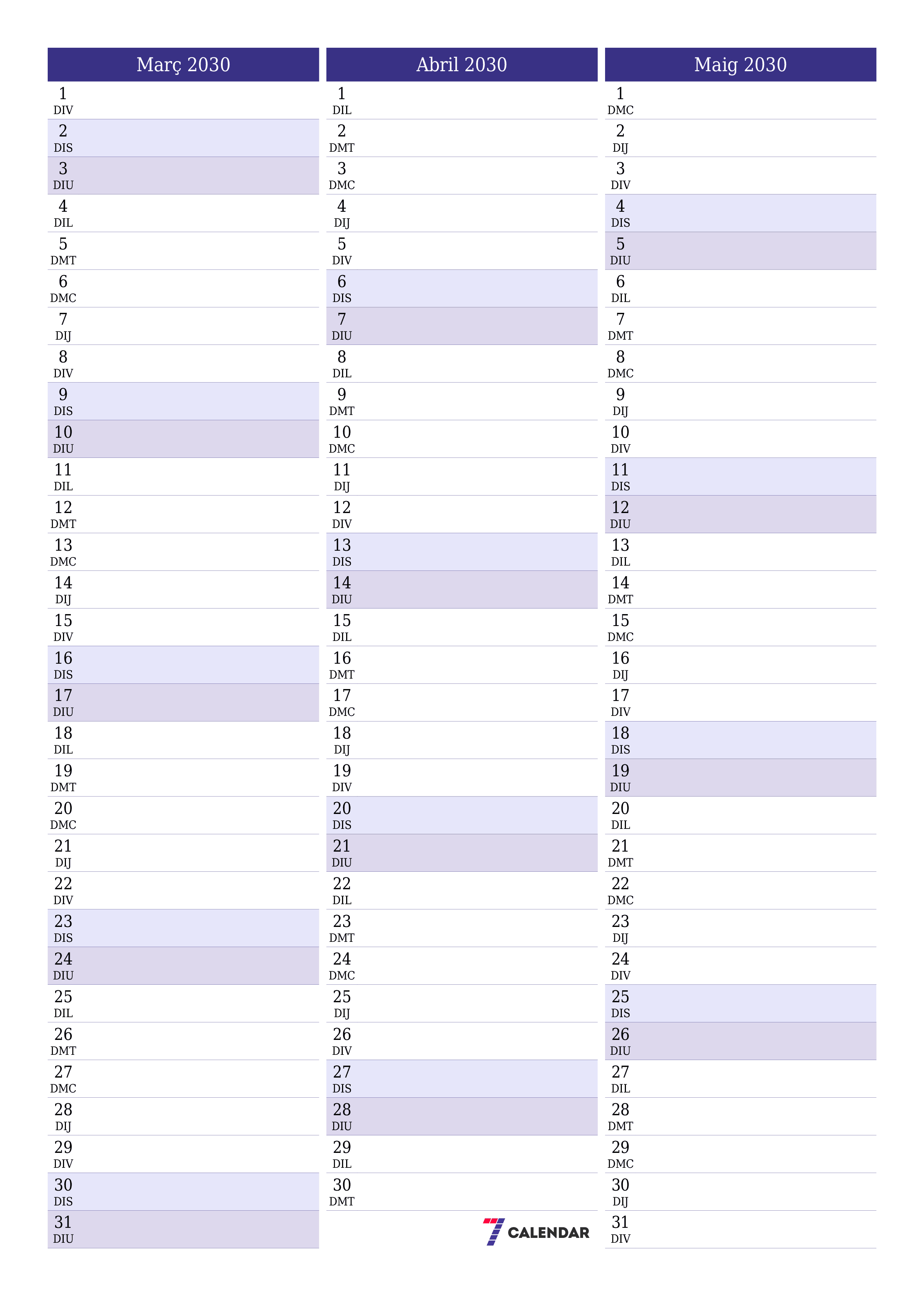  imprimible de paret plantilla de gratuïtvertical Mensual planificador calendari Març (Mar) 2030
