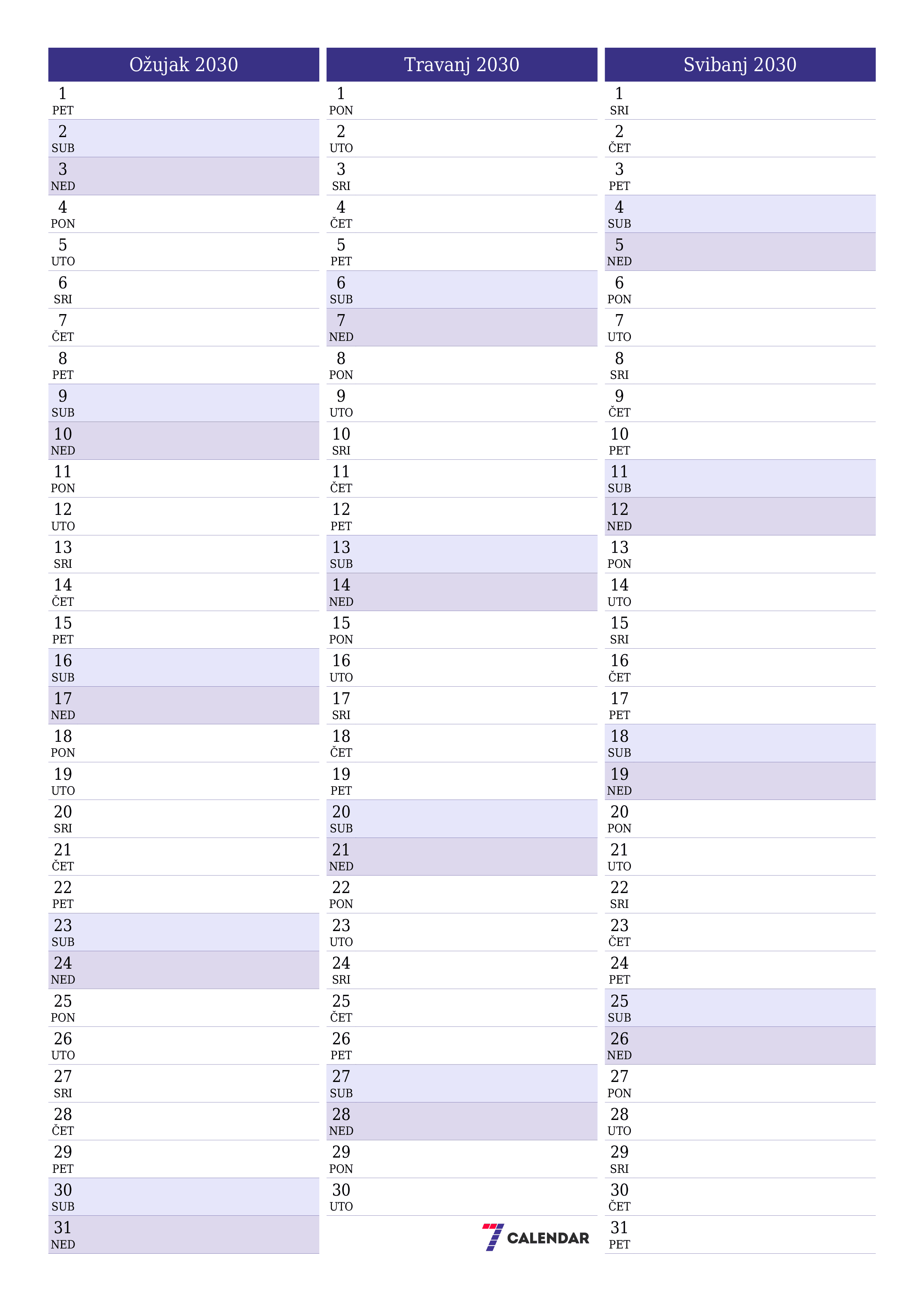  za ispis zidni predložak a besplatni okomito Mjesečni planer kalendar Ožujak (Ožu) 2030