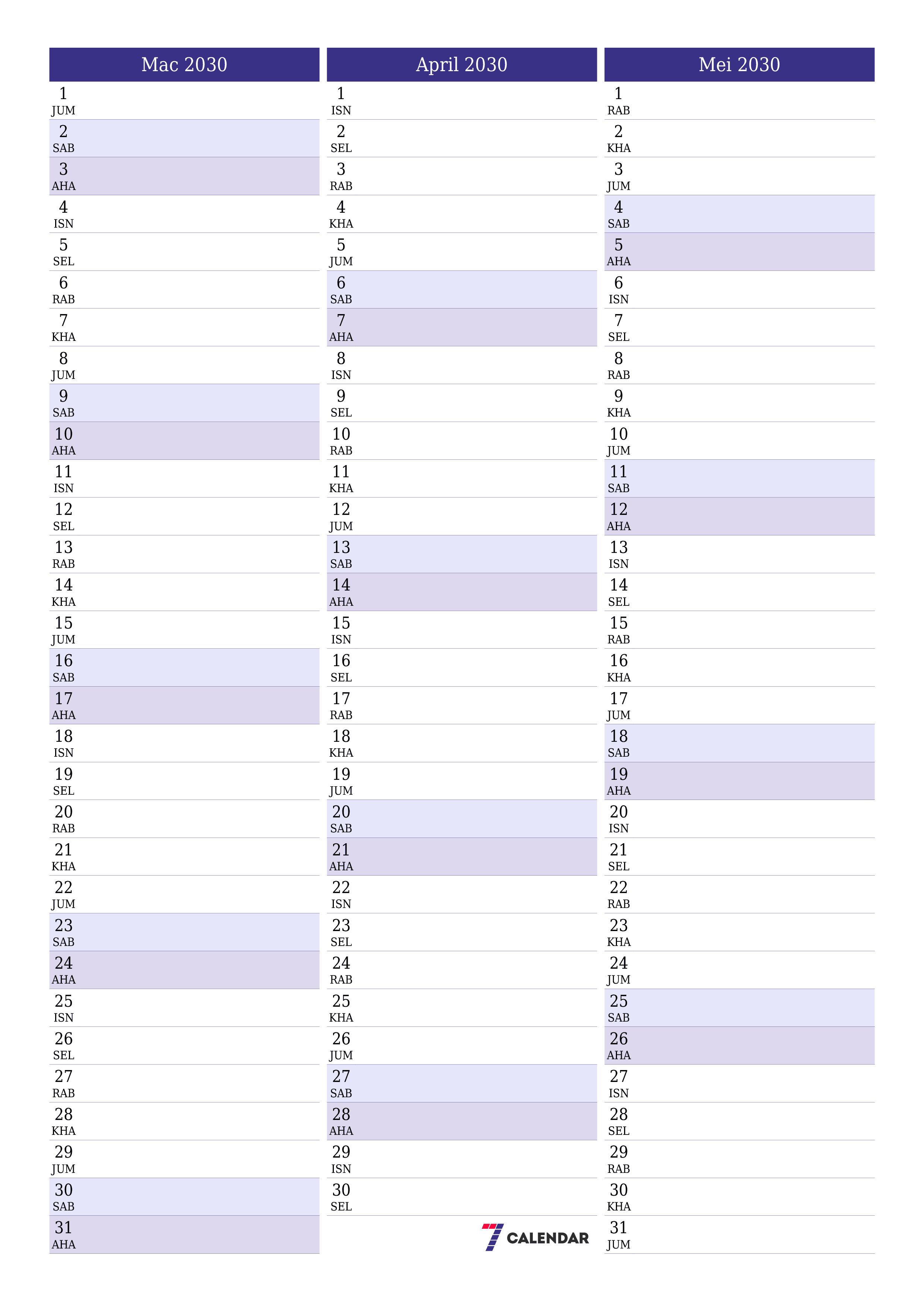  boleh cetak dinding templat percumamenegak Bulanan perancang kalendar Mac (Mar) 2030