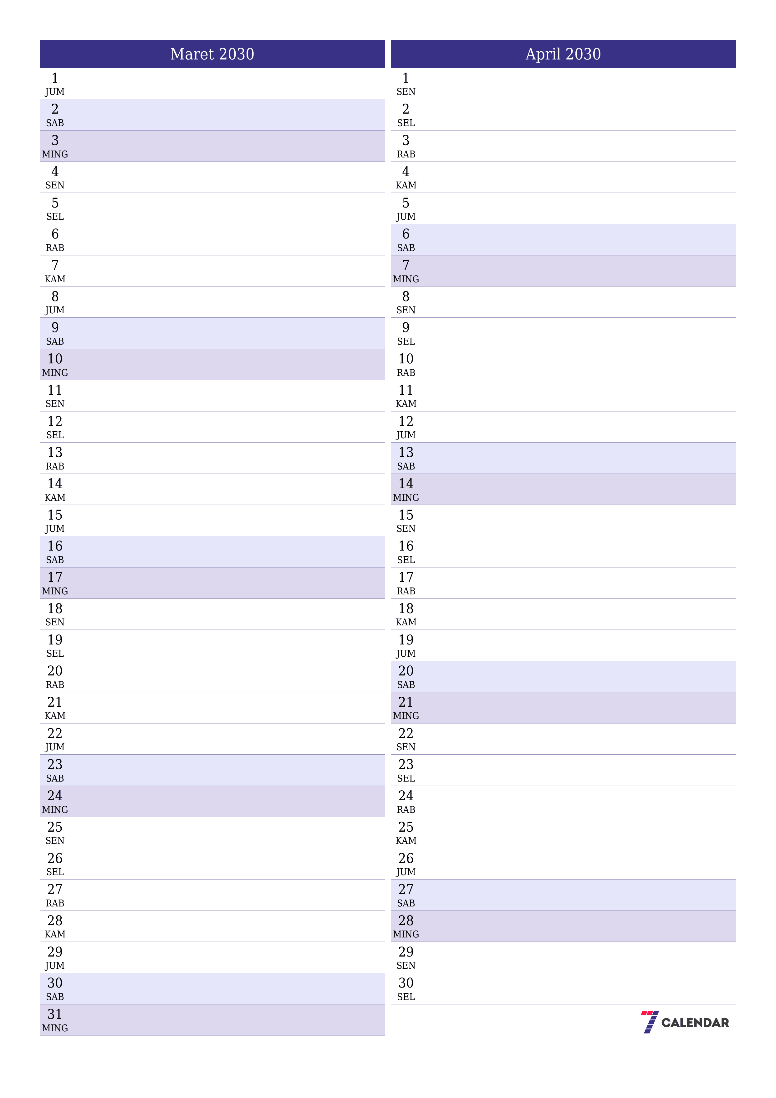  yang dapat dicetak dinding templat gratisvertikal Bulanan perencana kalender Maret (Mar) 2030