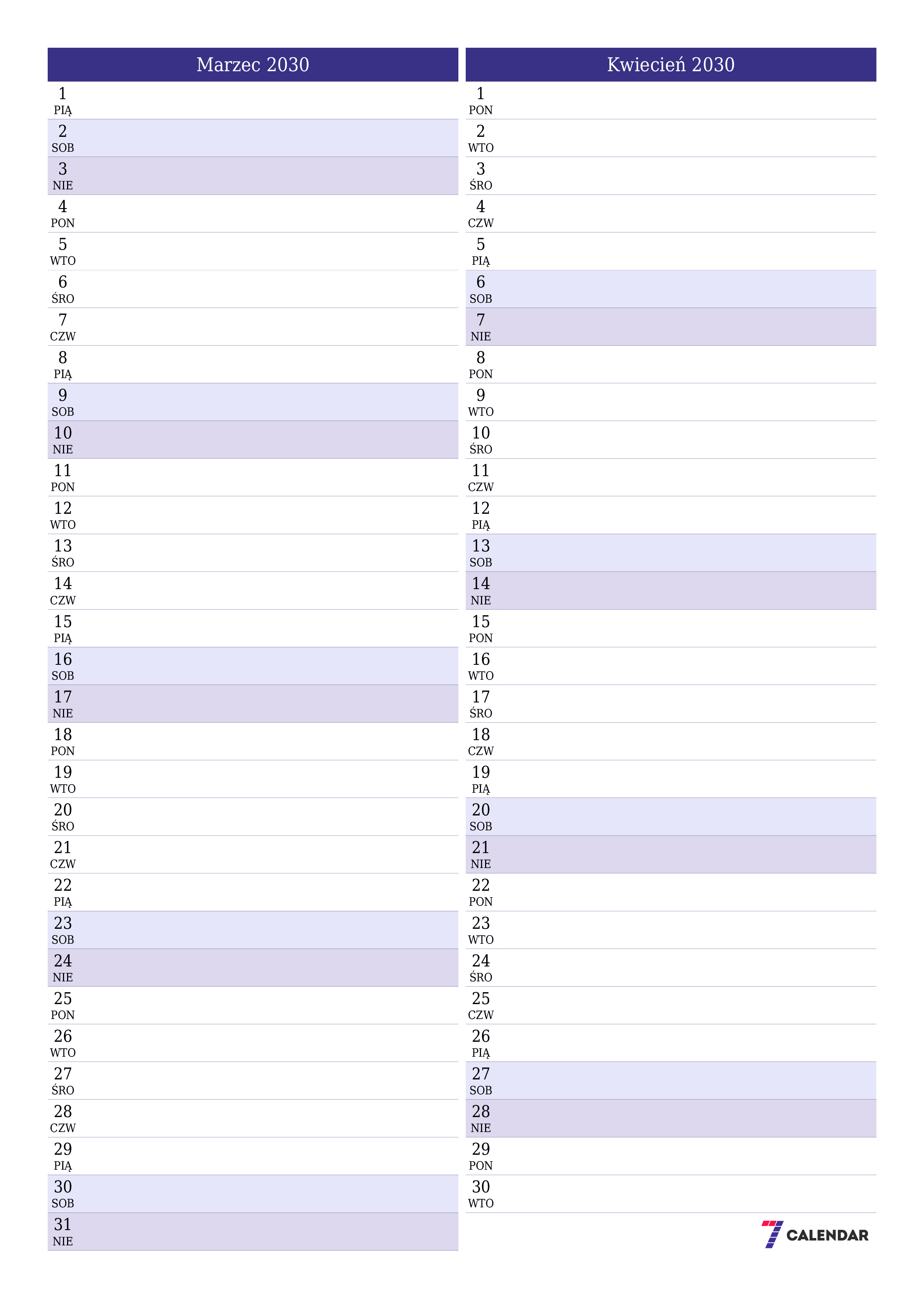 Opróżnij miesięczny planer na miesiąc Marzec 2030 z notatkami, zapisz i wydrukuj w formacie PDF PNG Polish