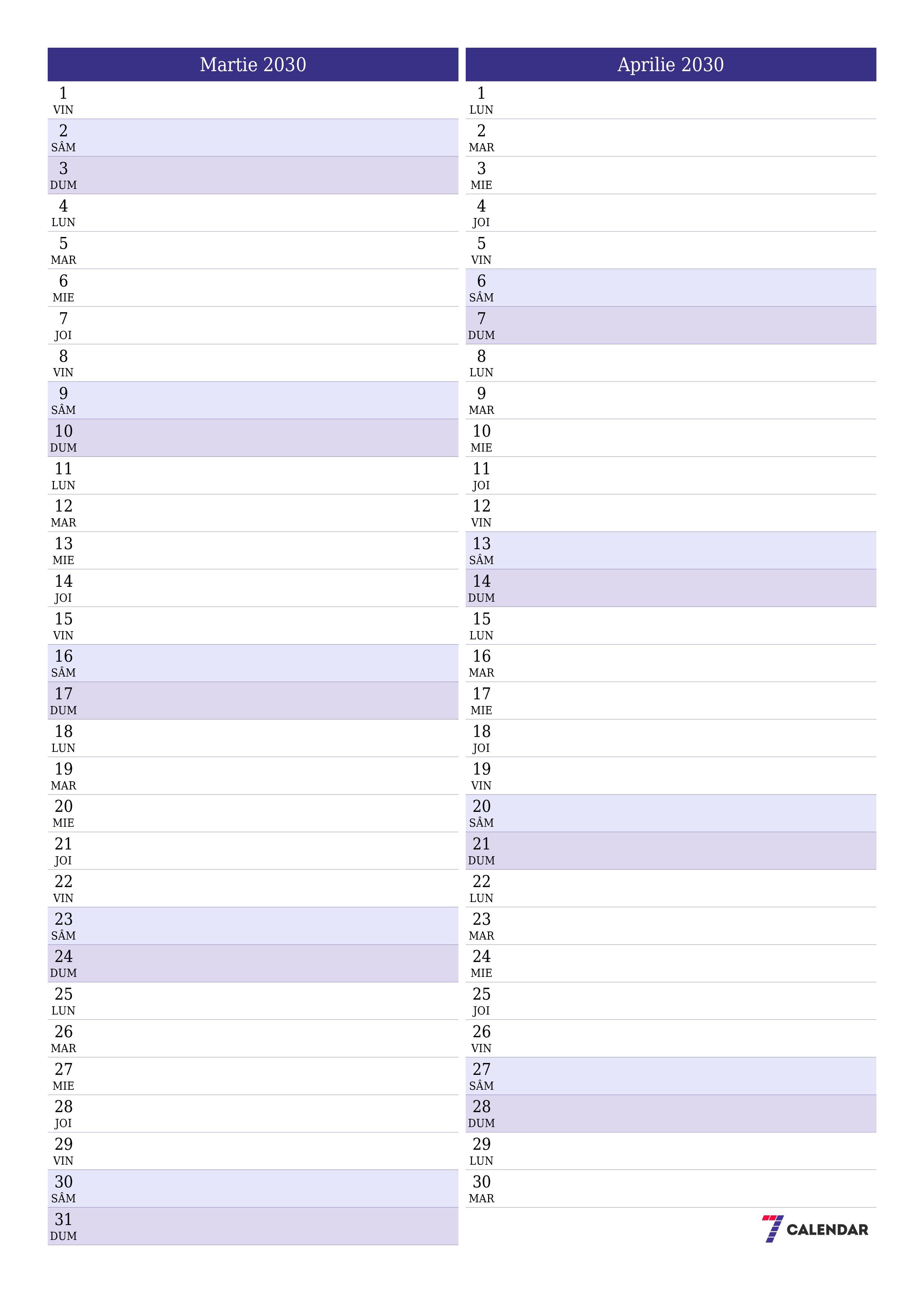  imprimabil de perete șablon de gratuitvertical Lunar planificator calendar Martie (Mar) 2030