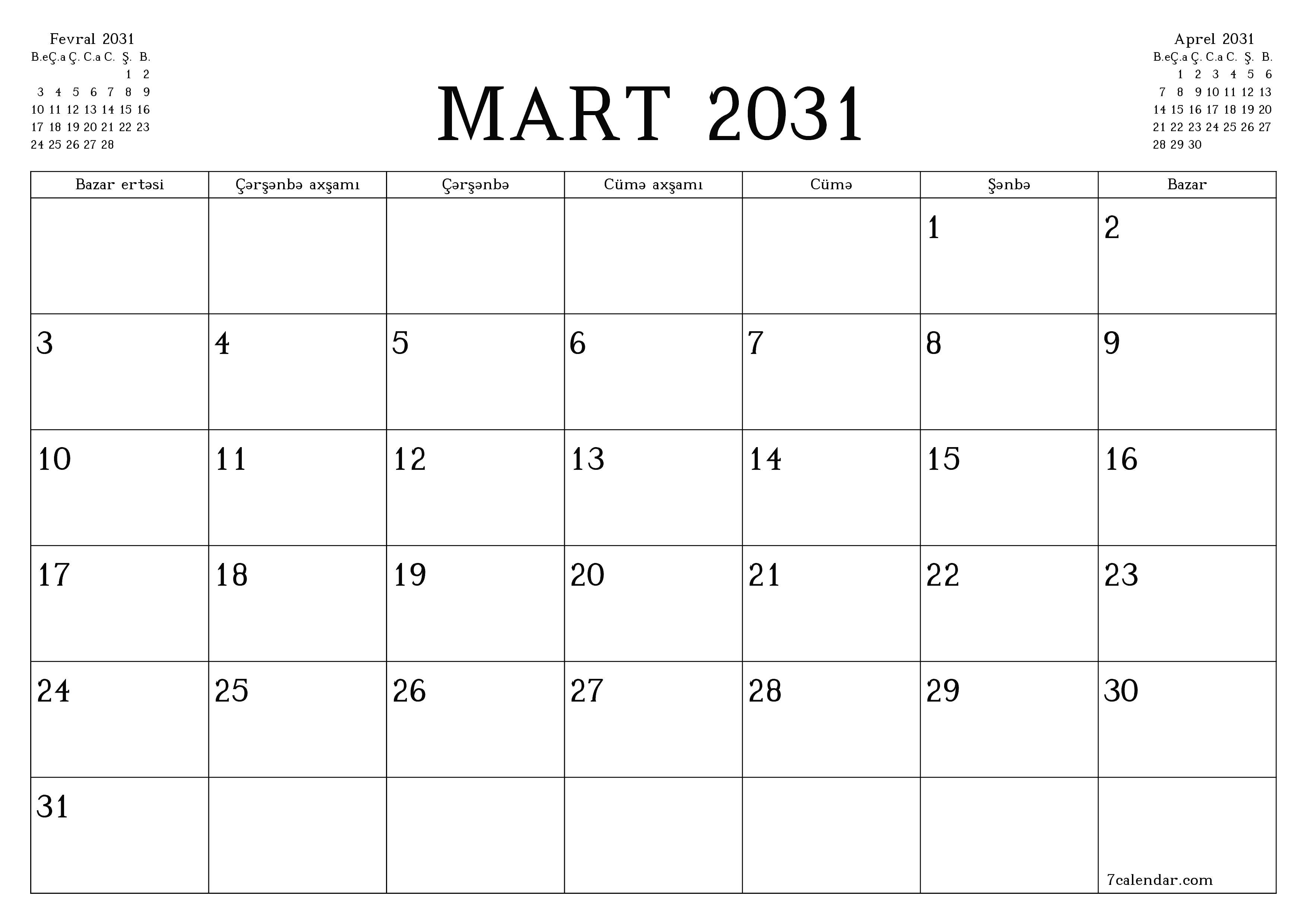 Mart 2031 ayı üçün qeydlər ilə boş aylıq planlayıcı, qeyd edin və PDF-ə yazdırın PNG Azerbaijani