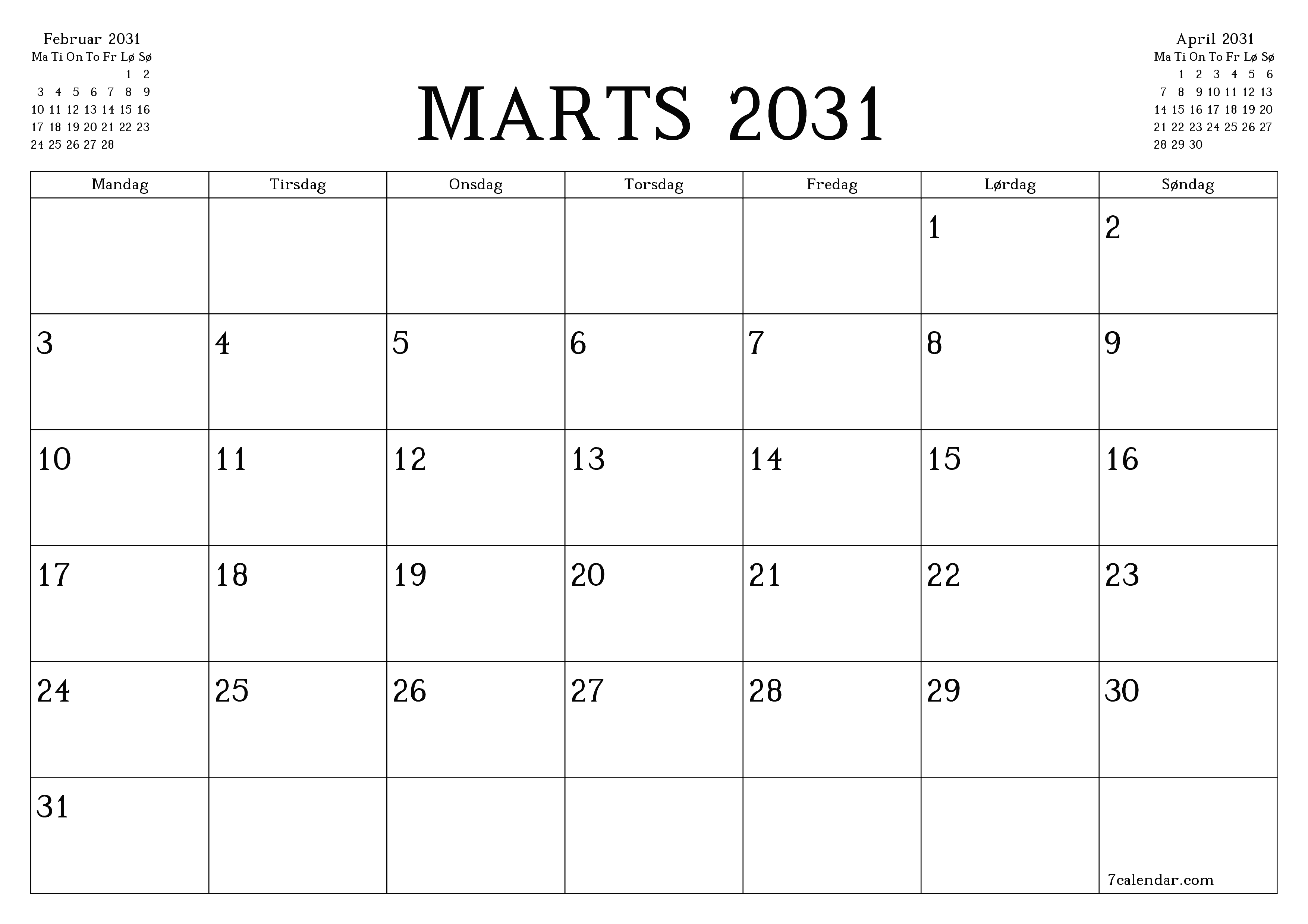 Tom månedlig planlægning for måned Marts 2031 med noter, gem og udskriv til PDF PNG Danish