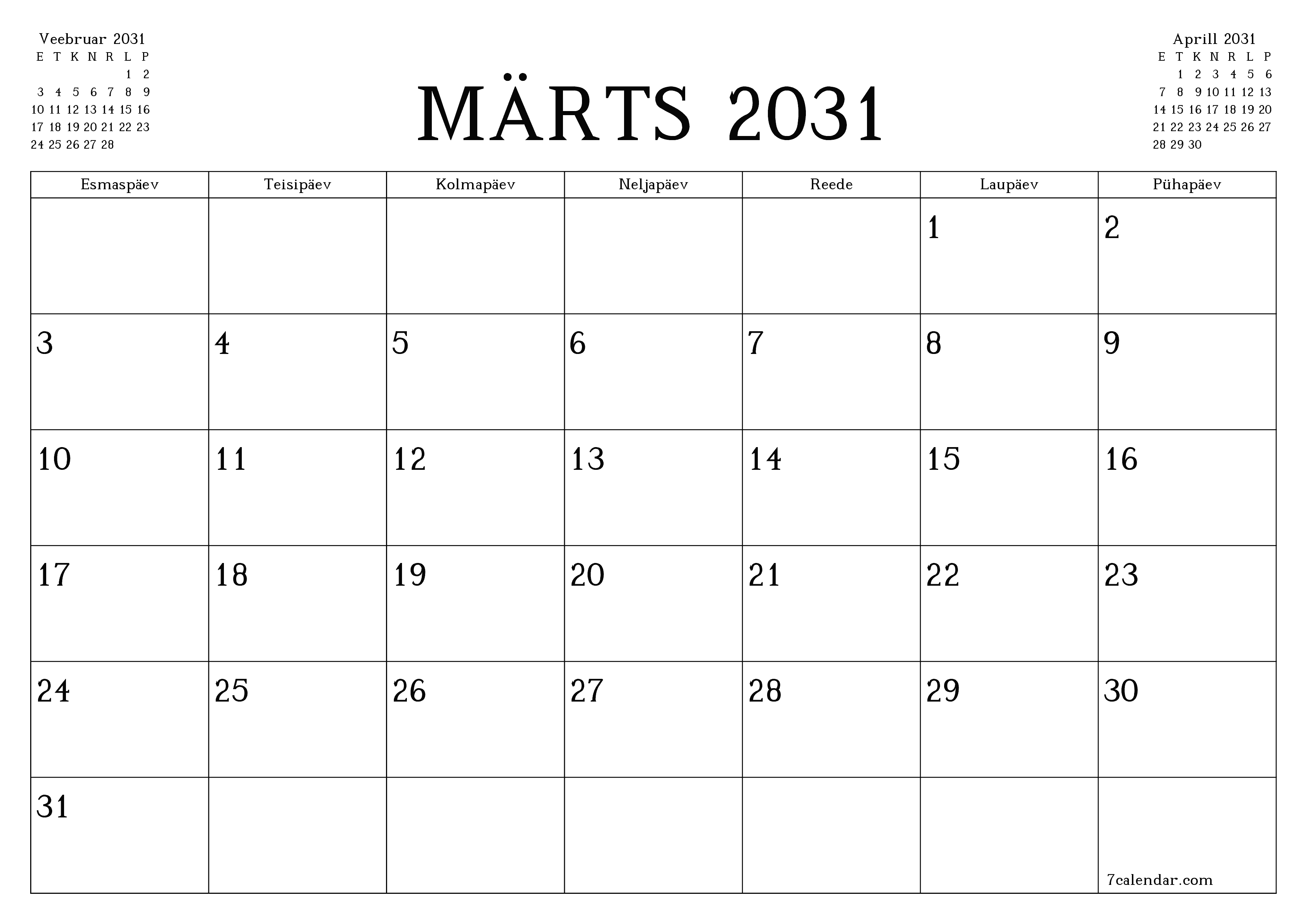 Tühjendage kuu Märts 2031 kuuplaneerija märkmetega, salvestage ja printige PDF-i PNG Estonian