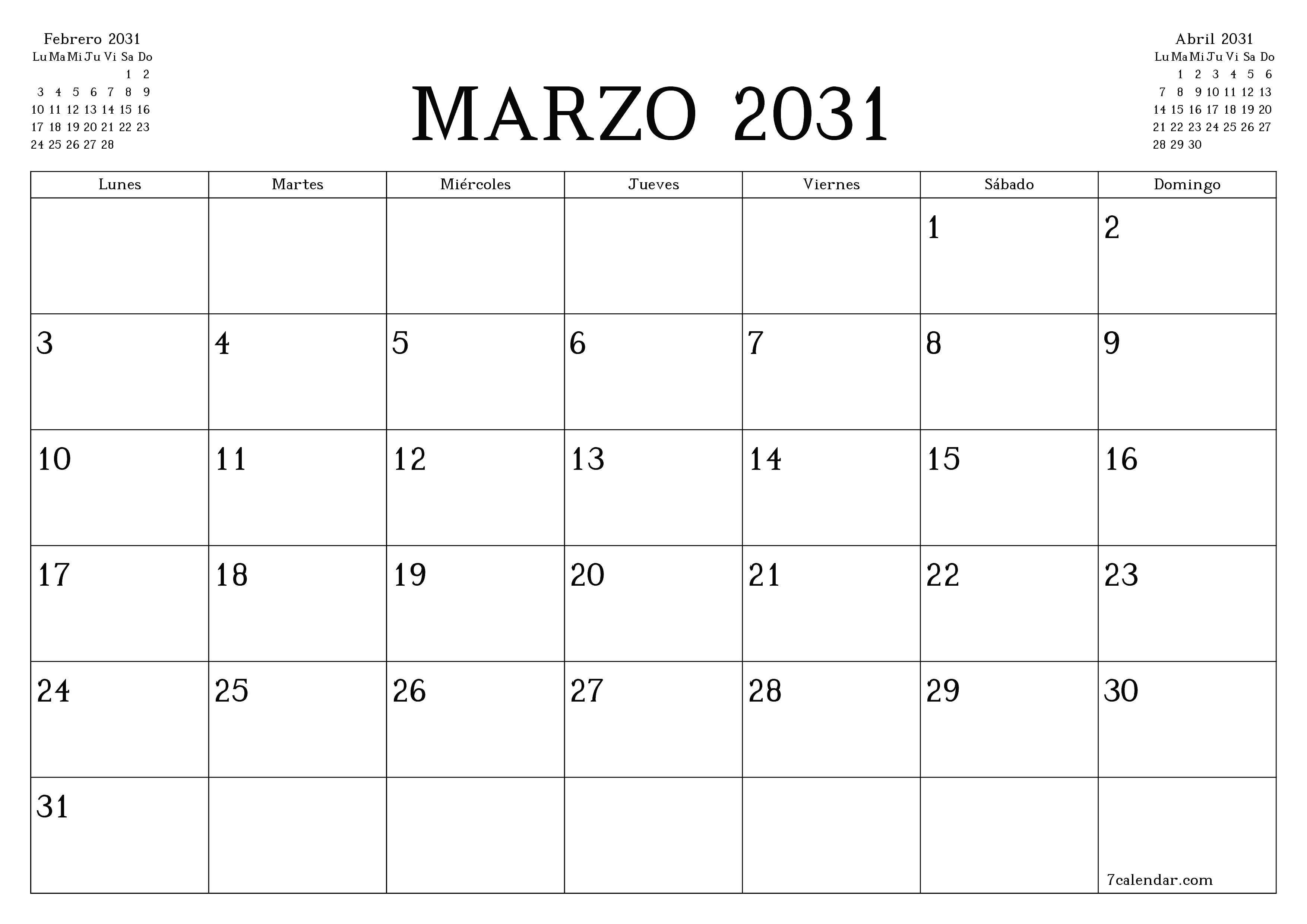 Planificador mensual vacío para el mes Marzo 2031 con notas, guardar e imprimir en PDF PNG Spanish