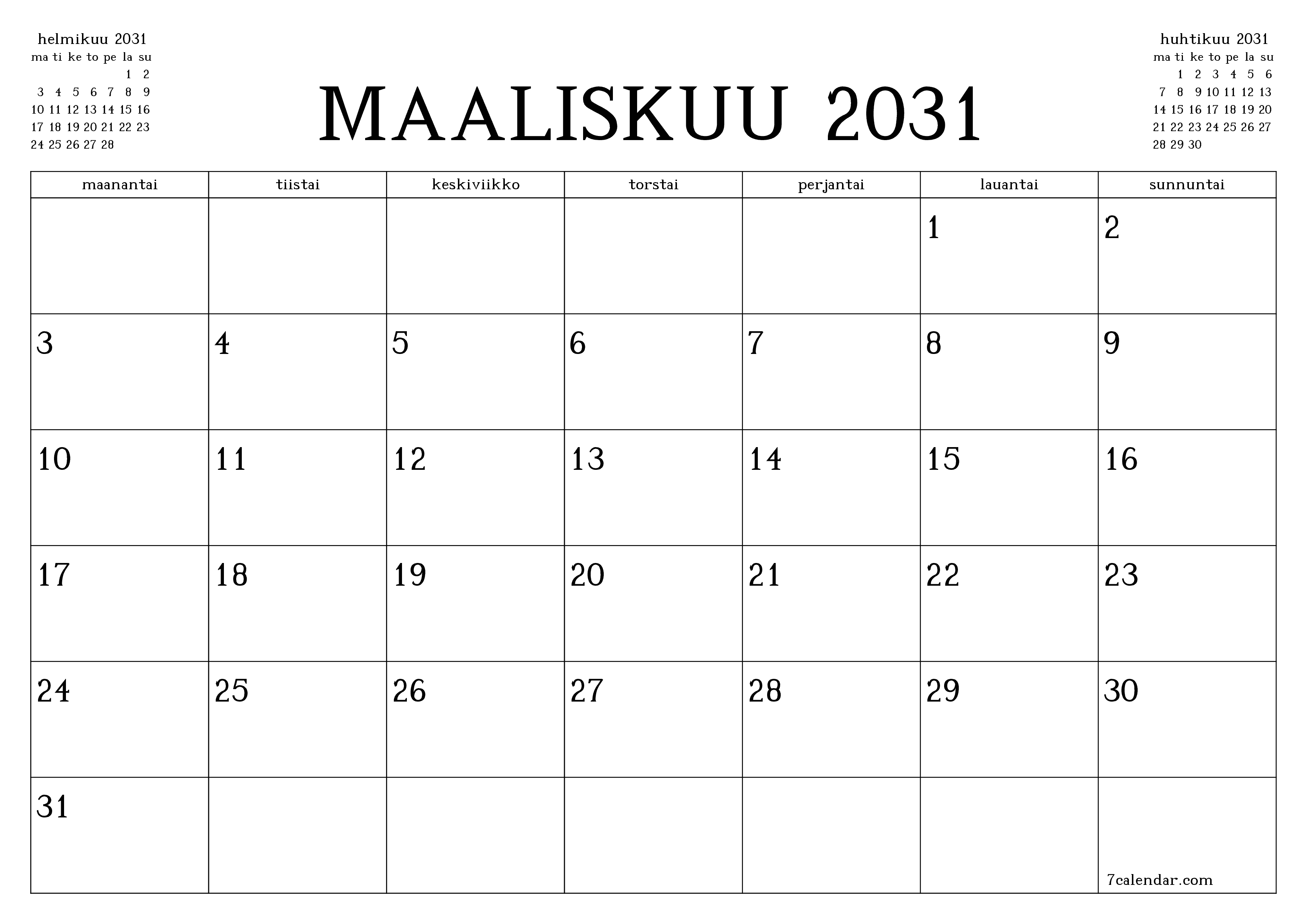 Tyhjennä kuukausittainen suunnittelija kuukaudelle Maaliskuu 2031 muistiinpanoilla, tallenna ja tulosta PDF-muotoon PNG Finnish