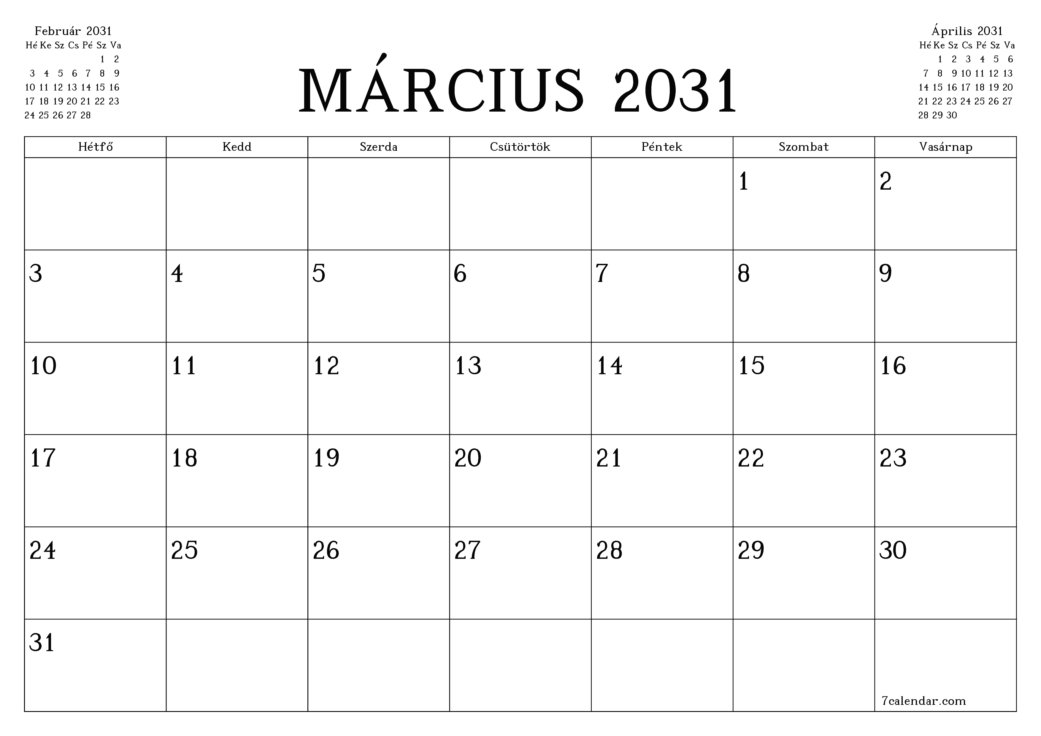 Üres havi tervező a Március 2031 hónapra jegyzetekkel, mentés és nyomtatás PDF-be PNG Hungarian