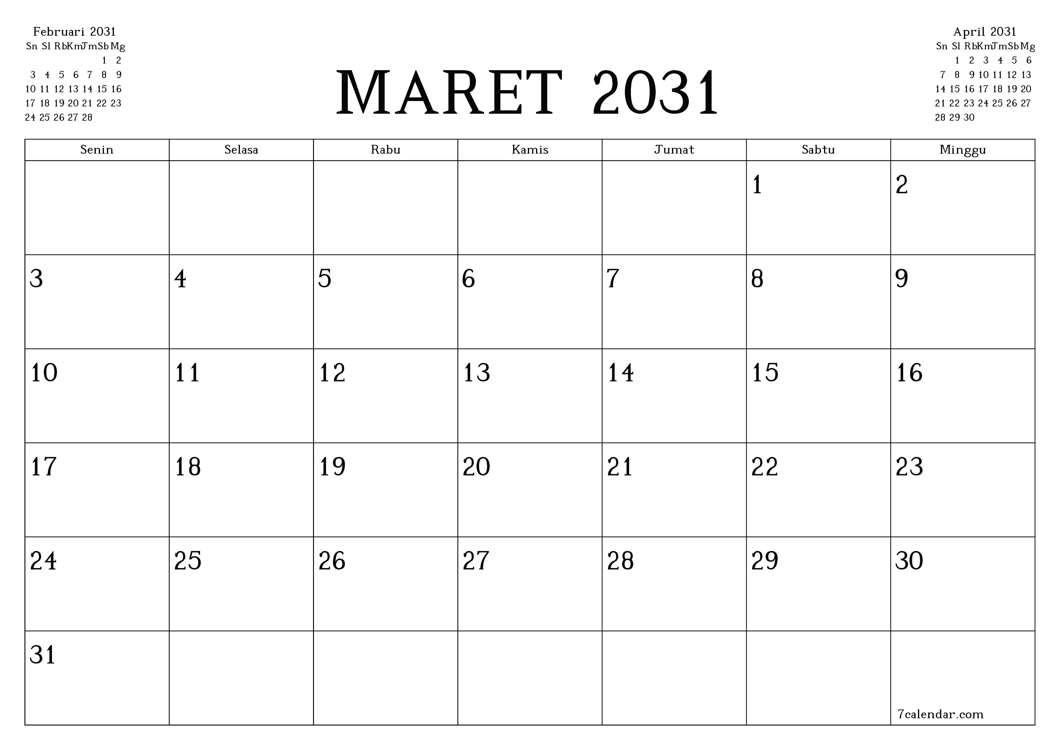 Kosongkan agenda bulanan untuk bulan Maret 2031 dengan catatan, simpan dan cetak ke PDF PNG Indonesian