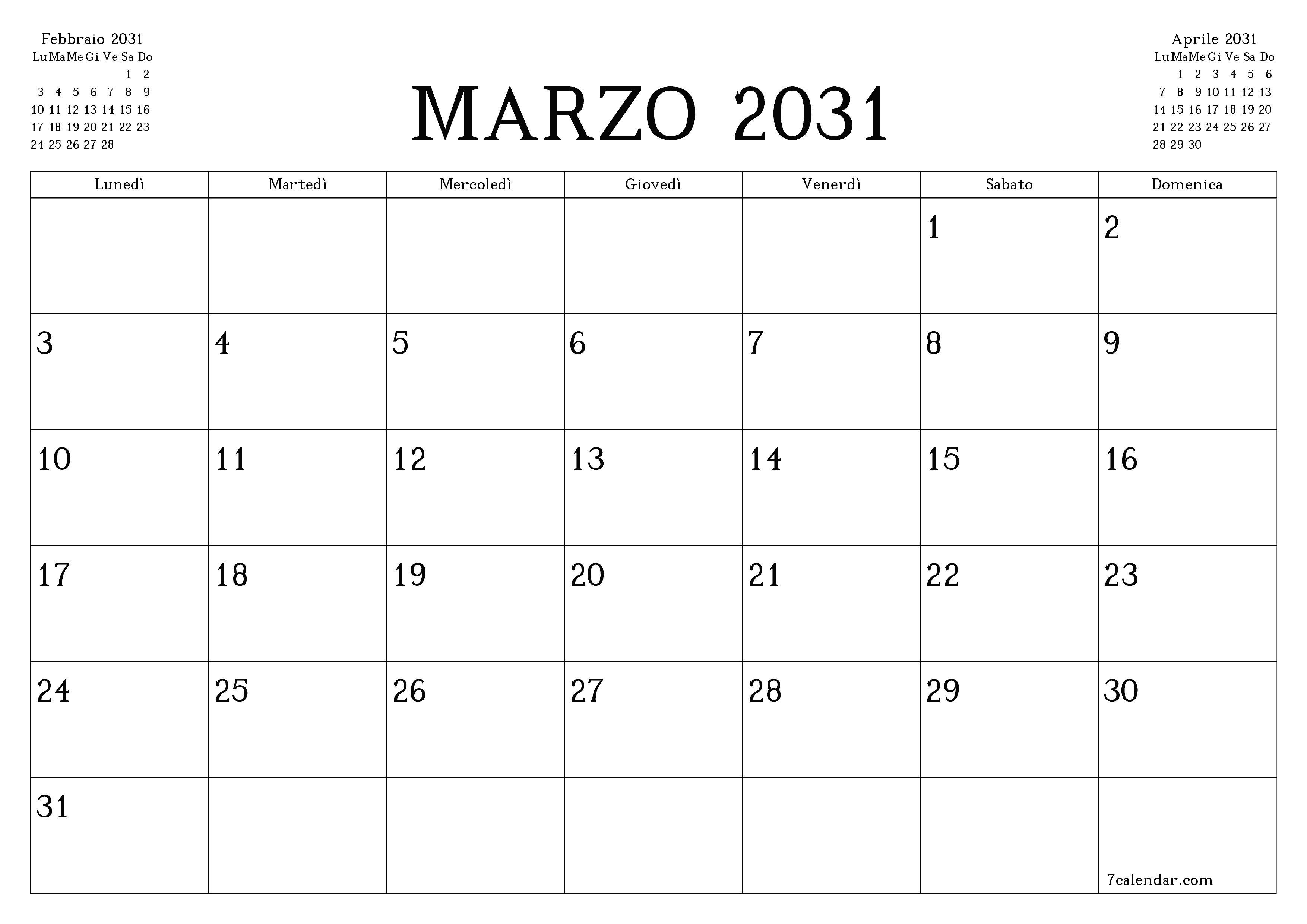 Pianificatore mensile vuoto per il mese Marzo 2031 con note, salva e stampa in PDF PNG Italian