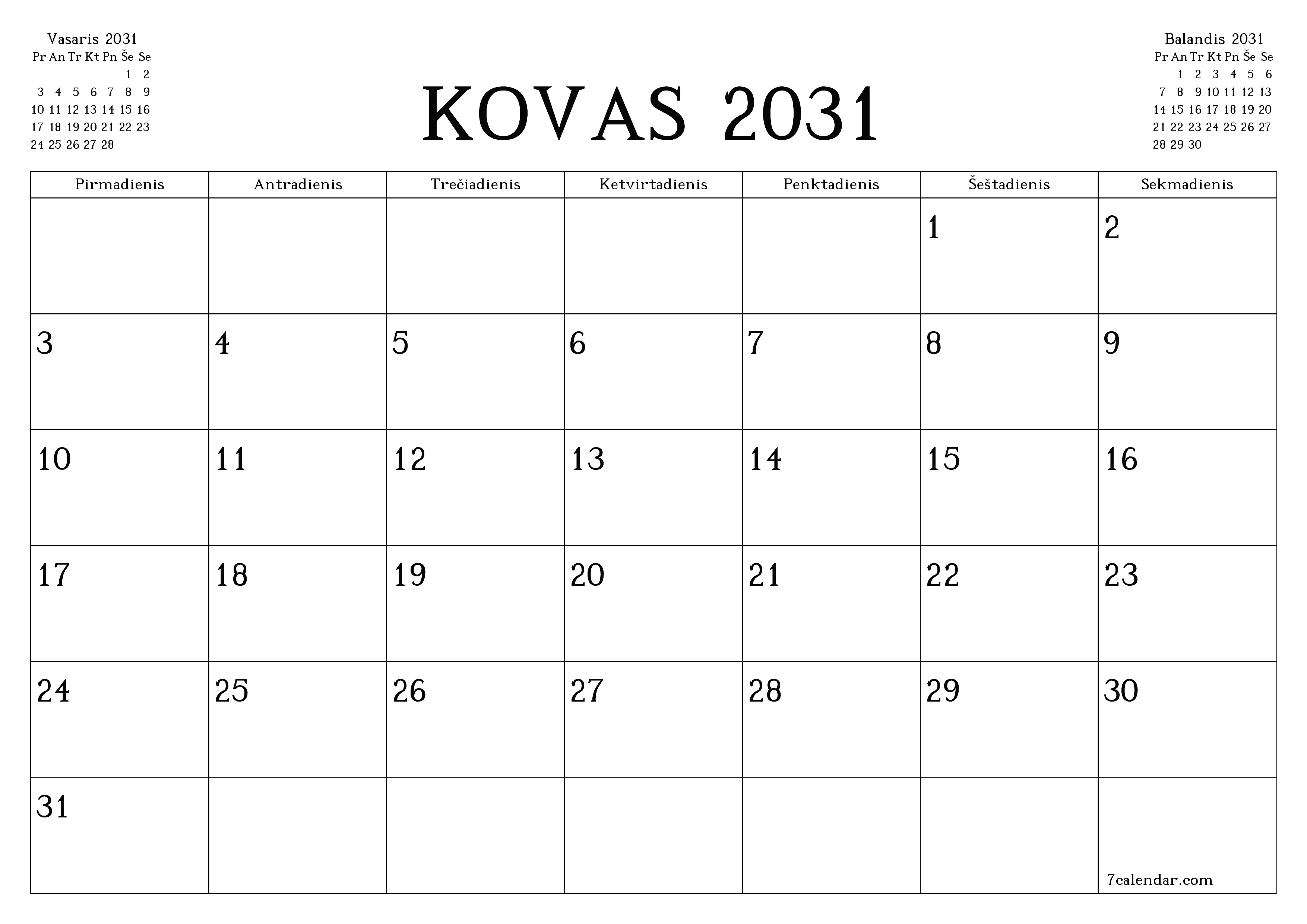Ištuštinti mėnesio Kovas 2031 mėnesio planavimo priemonę su užrašais, išsaugoti ir atsispausdinti PDF formate PNG Lithuanian