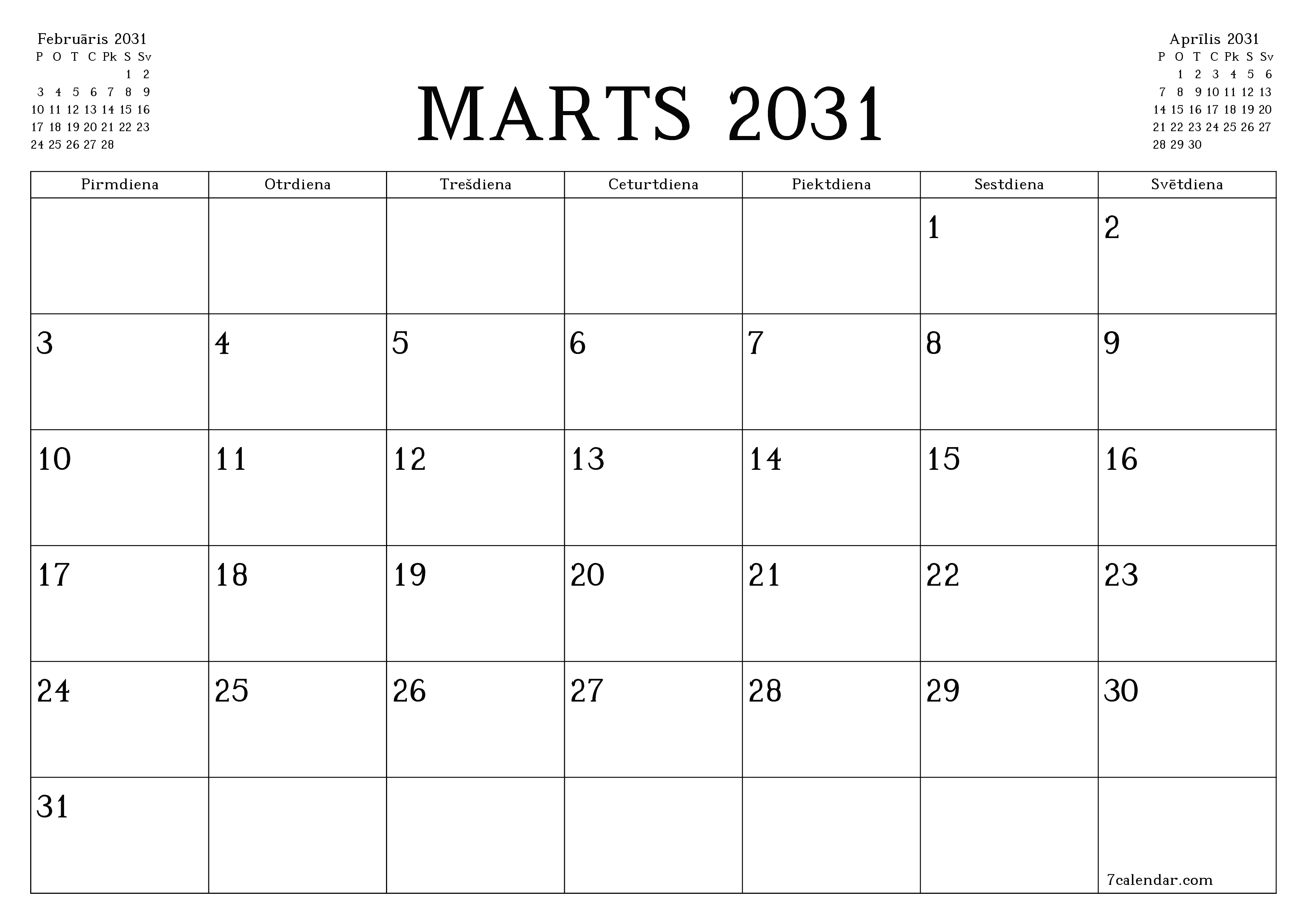 Iztukšot mēneša plānotāju mēnesim Marts 2031 ar piezīmēm, saglabāt un izdrukāt PDF formātā PNG Latvian