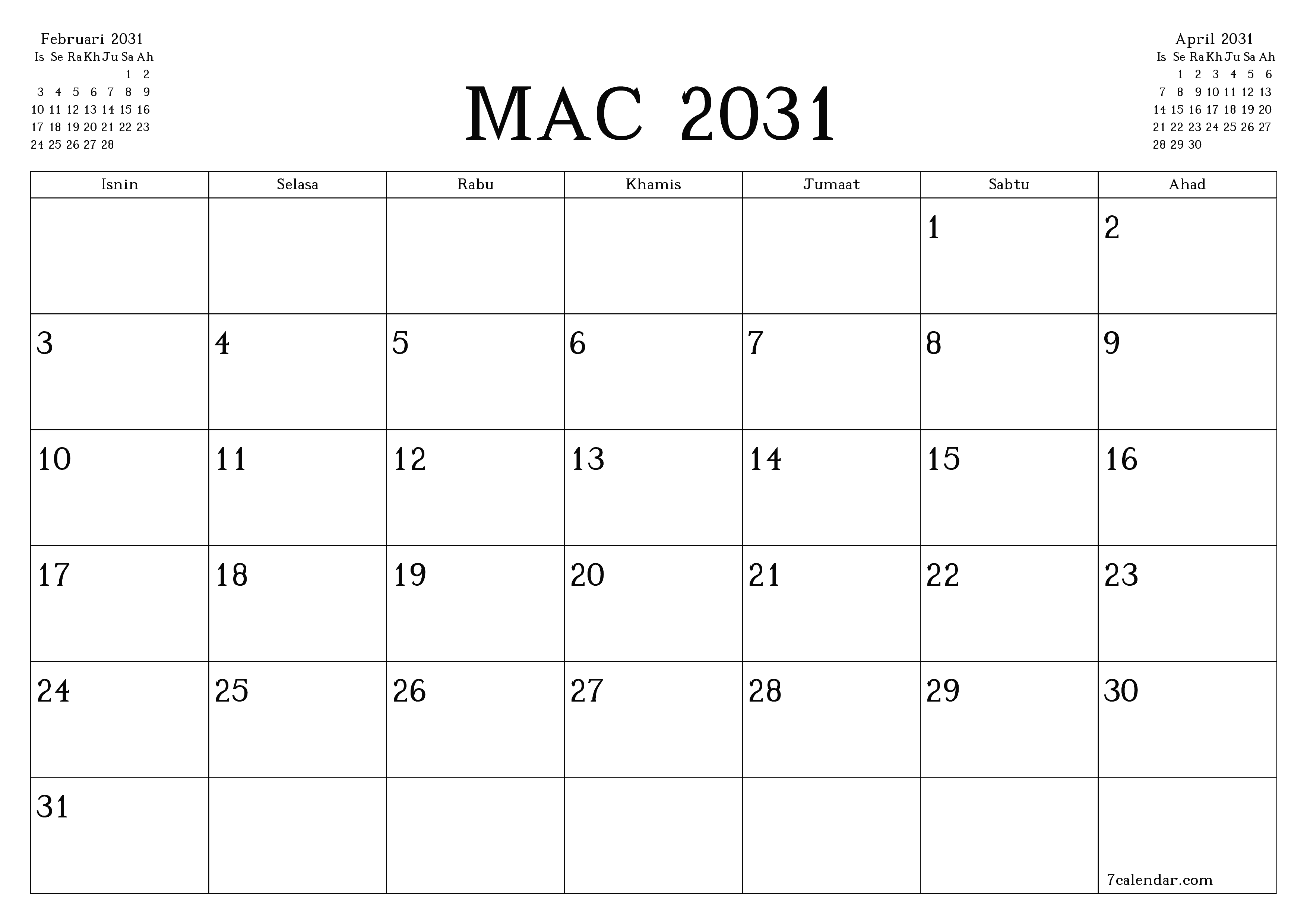 Perancang bulanan kosong untuk bulan Mac 2031 dengan nota, simpan dan cetak ke PDF PNG Malay