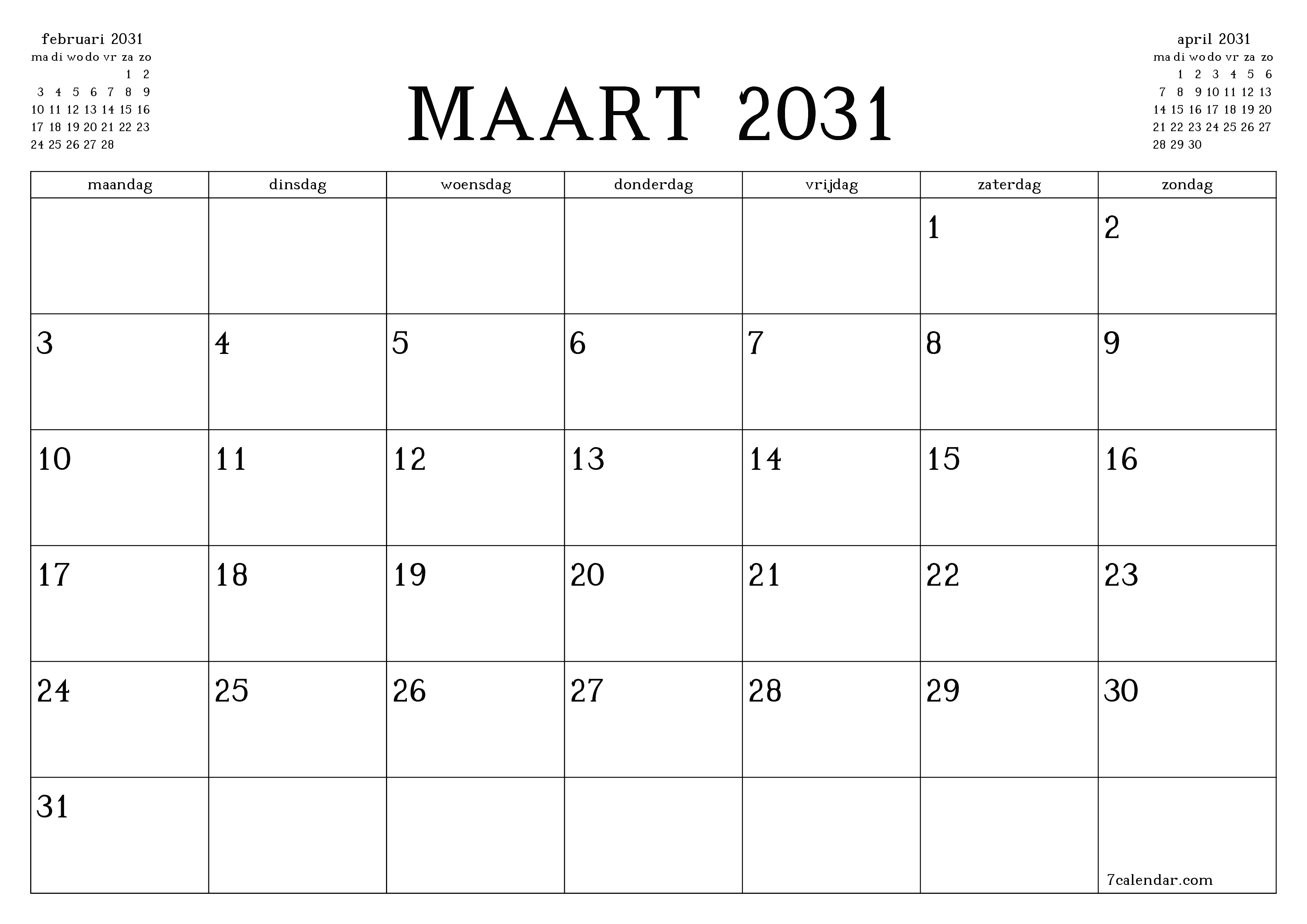Lege maandplanner voor maand maart 2031 met notities, opslaan en afdrukken naar pdf PNG Dutch